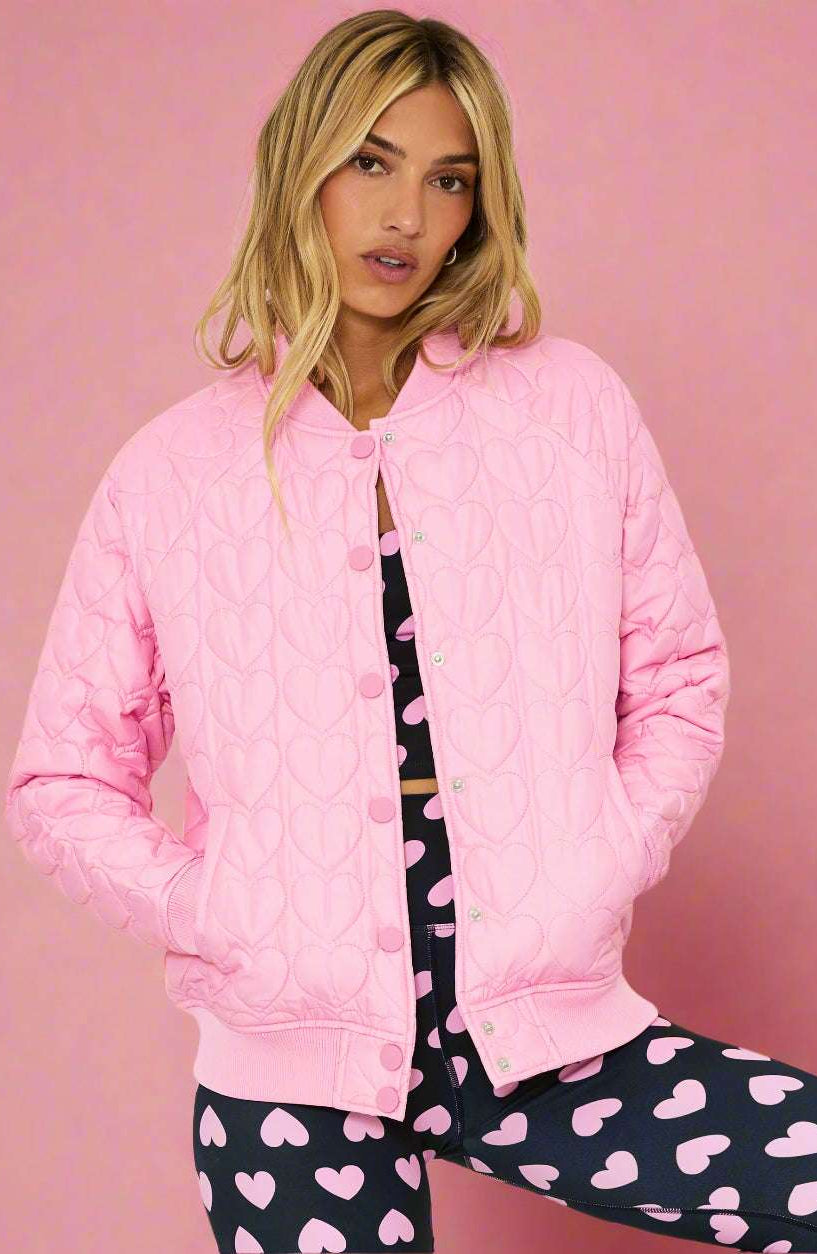 Shop Beach Riot Beach Riot Flight Jacket Prism Pink Heart Jacket for women – premium loungewear and festival fashion at Spoiled Brat