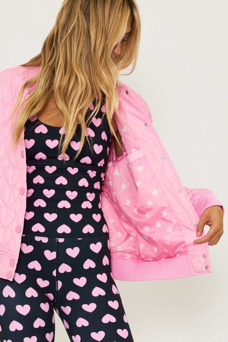 Shop Beach Riot Beach Riot Flight Jacket Prism Pink Heart Jacket for women – premium loungewear and festival fashion at Spoiled Brat