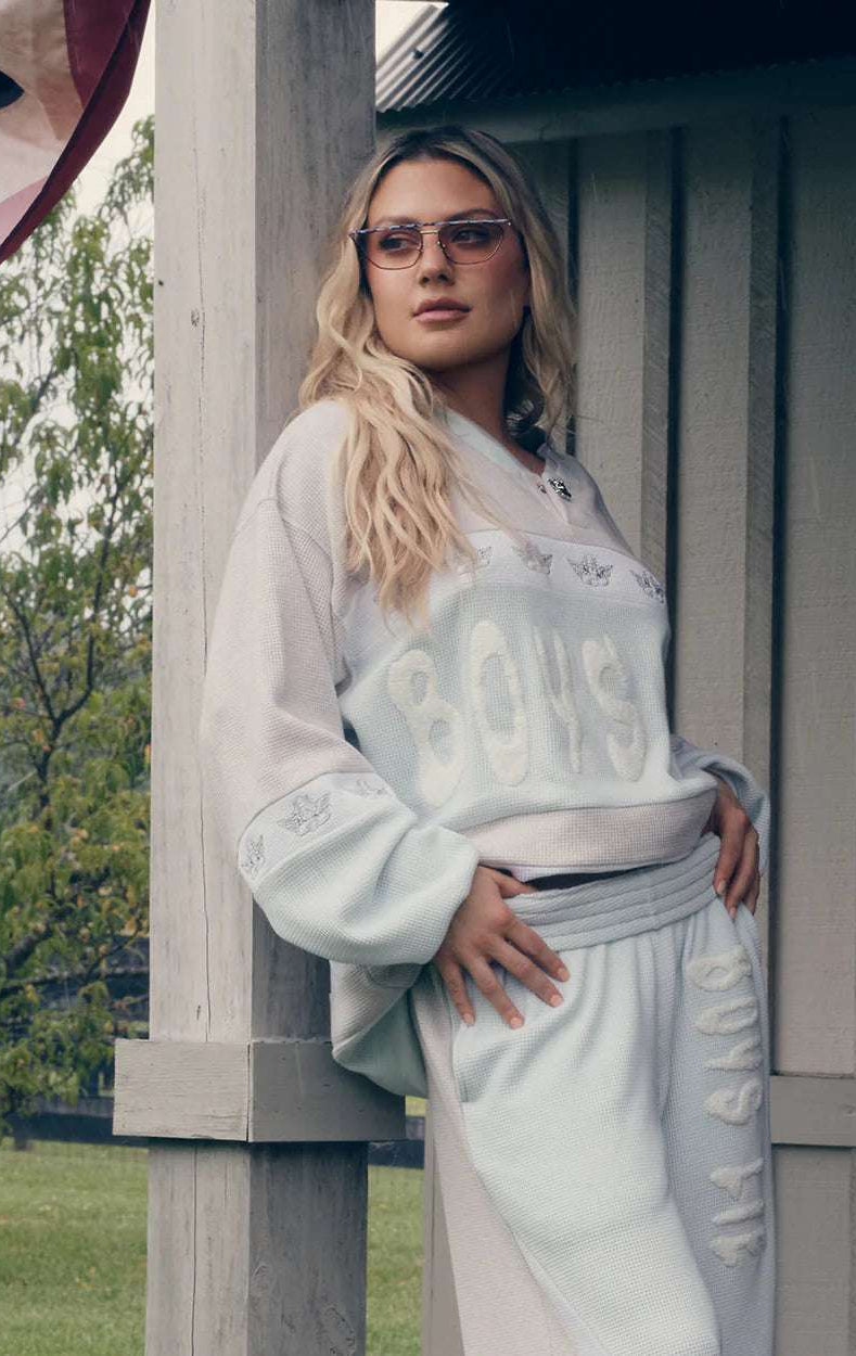 Shop Boys Lie Boys Lie Blue Private School Rider Crewneck Sweater for women – premium loungewear and festival fashion at Spoiled Brat