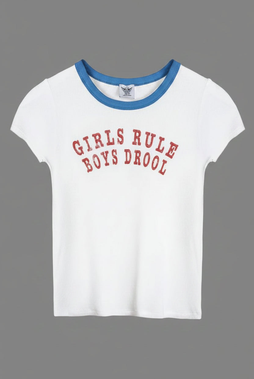 Shop Boys Lie Boys Lie Girls Rule Boys Drool Baby Tee T-Shirt for women – premium loungewear and festival fashion at Spoiled Brat