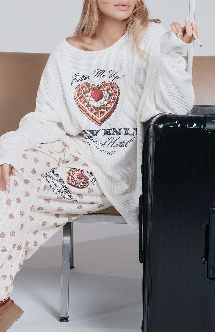 Shop Boys Lie Boys Lie Heavenly Room Service PJ Printed Kimmy Pants as seen on Megan Fox Jogger Bottoms for women – premium loungewear and festival fashion at Spoiled Brat