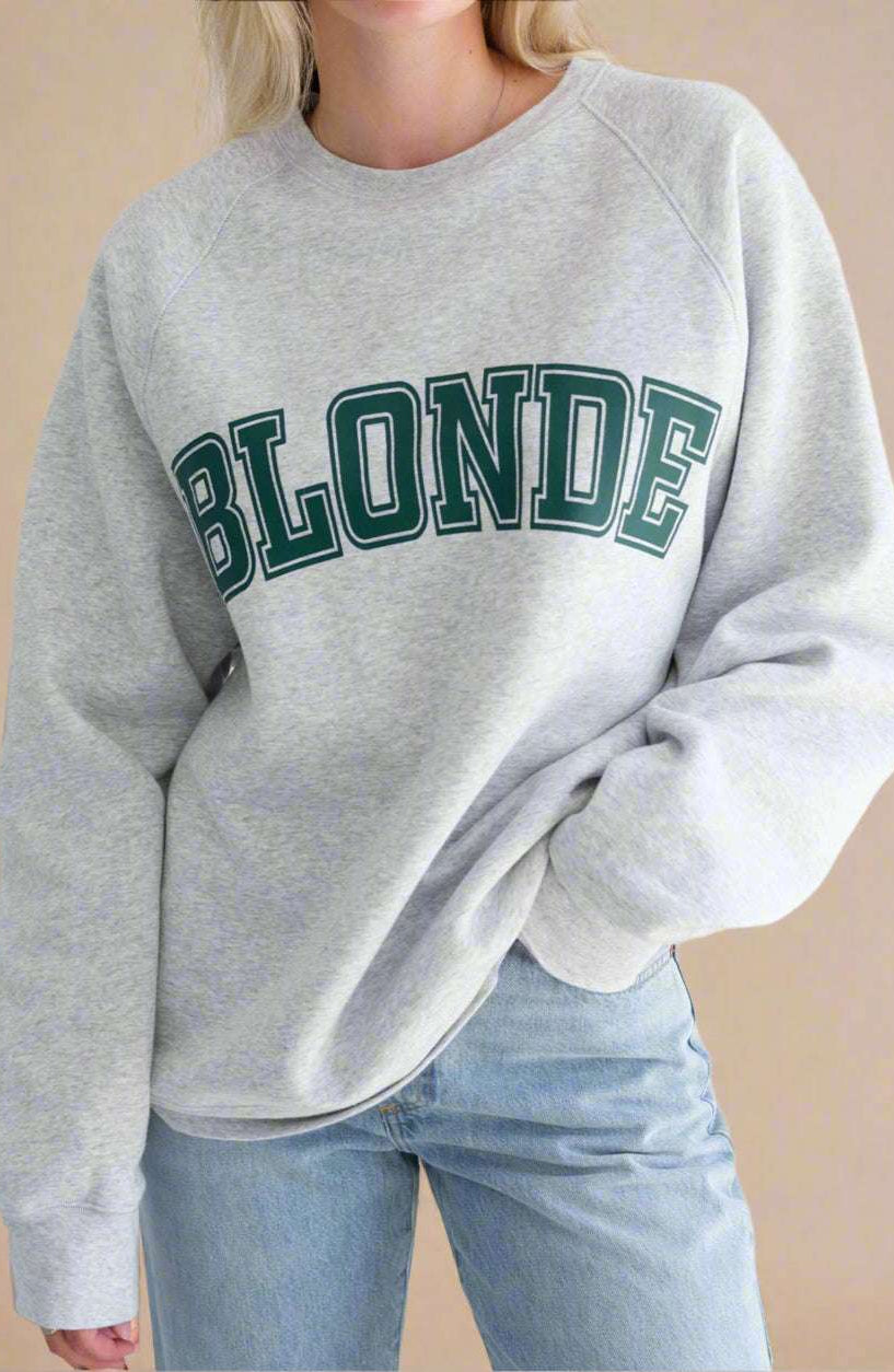 Shop Brunette The Label Brunette The Label "Blonde" Varsity Grey Not Your Boyfriend's Crew Sweater as seen on Catherine Tyldesley Sweater for women – premium loungewear and festival fashion at Spoiled Brat