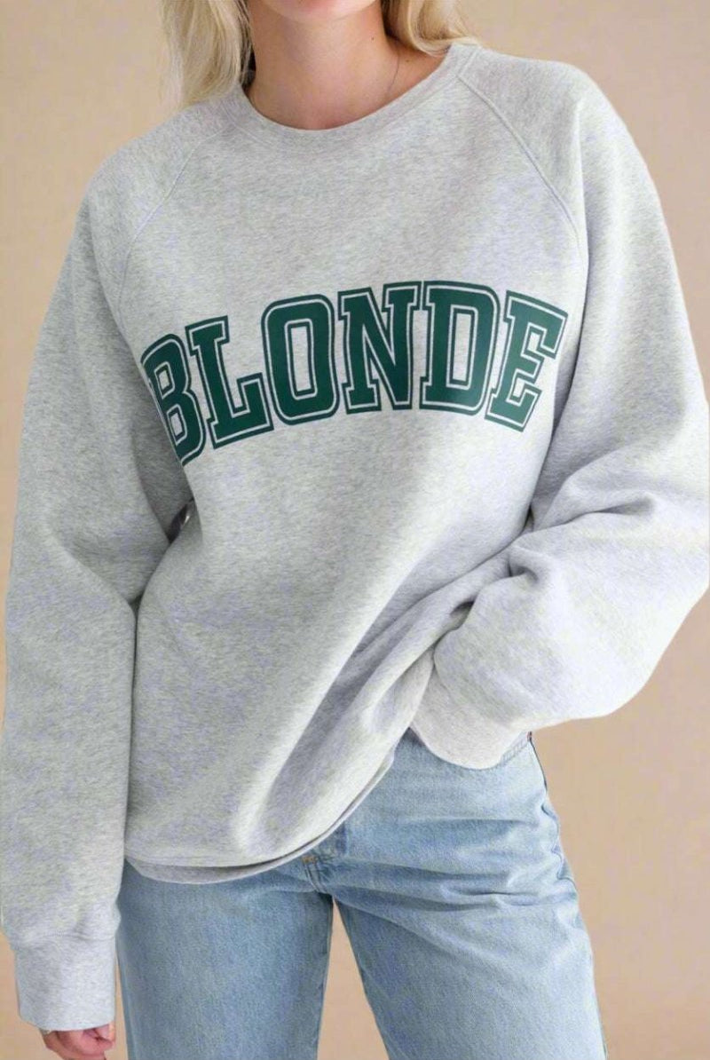 Shop Brunette The Label Brunette The Label "Blonde" Varsity Grey Not Your Boyfriend's Crew Sweater as seen on Catherine Tyldesley Sweater for women – premium loungewear and festival fashion at Spoiled Brat