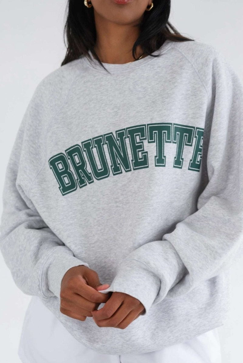 Shop Brunette The Label Brunette The Label "Brunette" Grey Varsity Hair Colour Not Your Boyfriend's Crew Sweater for women – premium loungewear and festival fashion at Spoiled Brat
