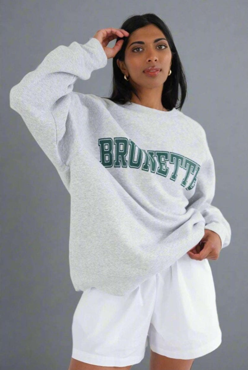 Shop Brunette The Label Brunette The Label "Brunette" Grey Varsity Hair Colour Not Your Boyfriend's Crew Sweater for women – premium loungewear and festival fashion at Spoiled Brat