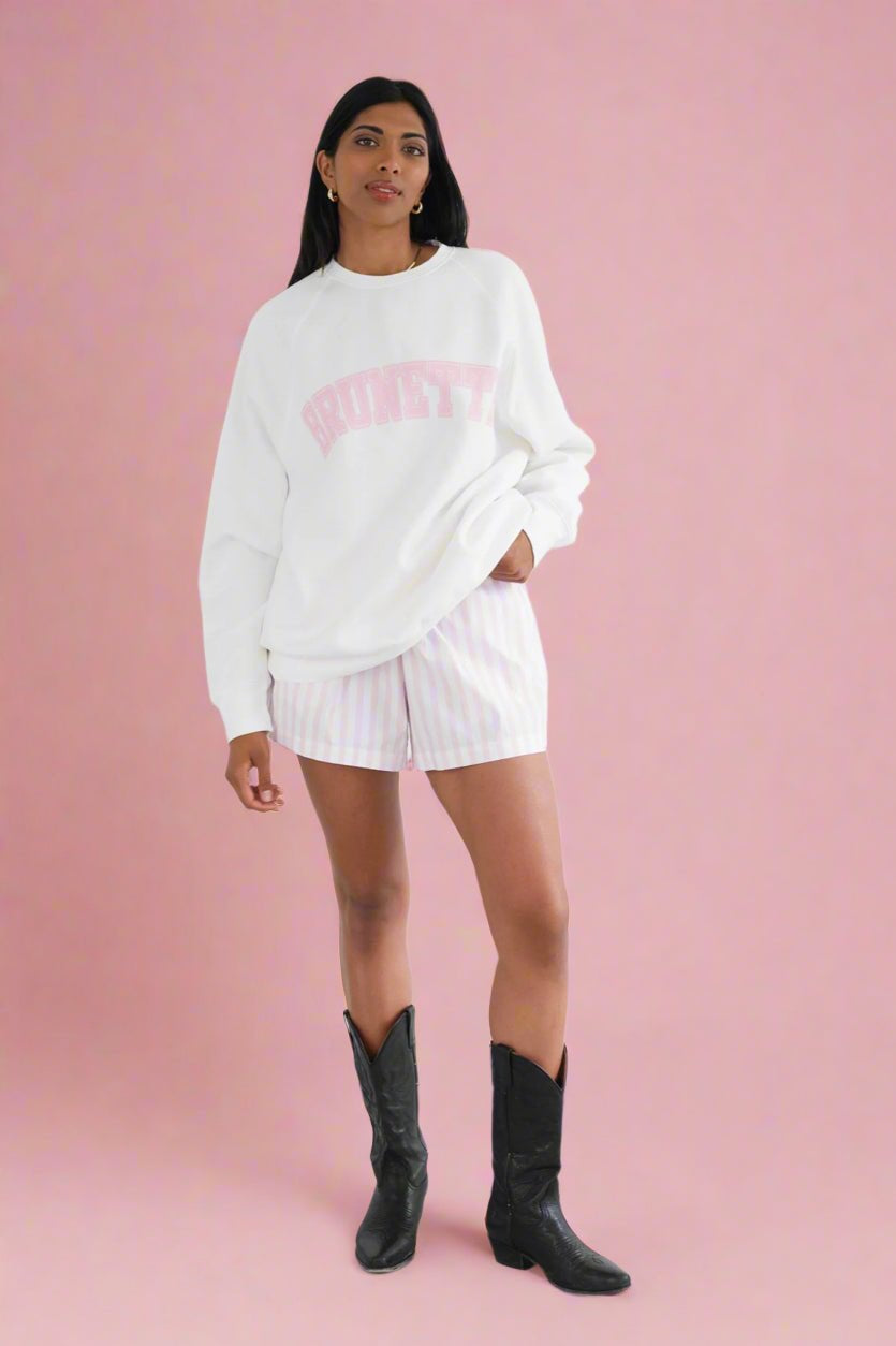 Shop Brunette The Label Brunette The Label "Brunette" Varsity Hair Colour Not Your Boyfriend's Crew Sweater Sweater for women – premium loungewear and festival fashion at Spoiled Brat