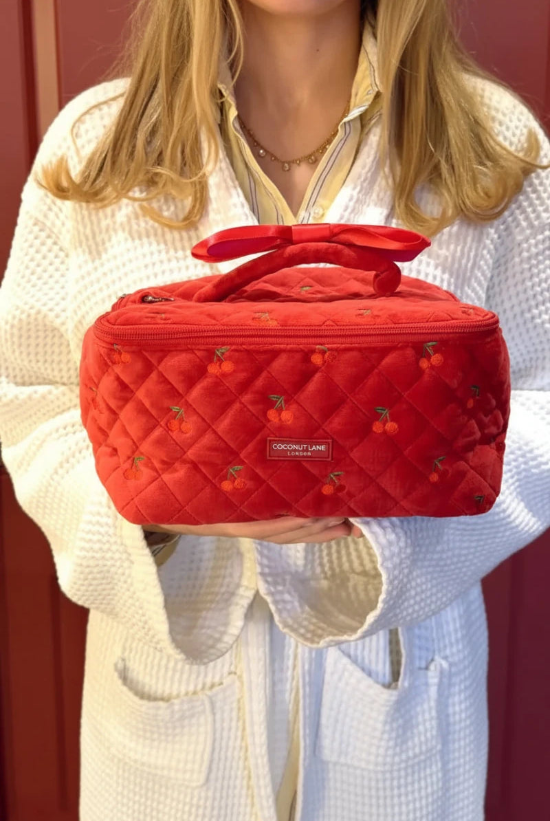 Shop Coconut Lane Coconut Lane Travel Vanity Case in Cherry Velvet Cosmetic Case for women – premium loungewear and festival fashion at Spoiled Brat