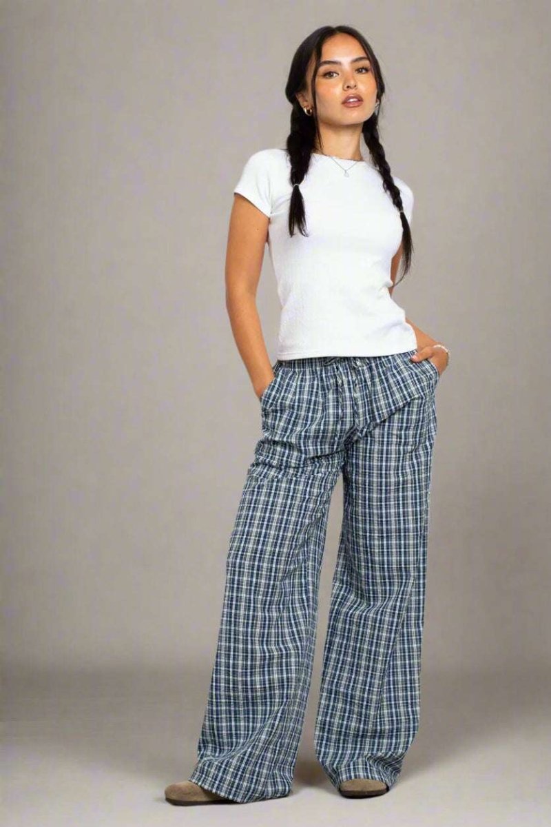 Shop Daisy Street Daisy Street Check Wide Leg Trouser with Drawcord Waist Jogger Bottoms for women – premium loungewear and festival fashion at Spoiled Brat