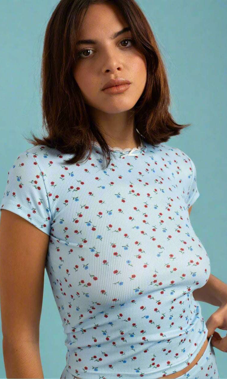 Shop Daisy Street Daisy Street Ditsy Ribbed Jersey Lace Trimmed Baby Tee Pyjamas for women – premium loungewear and festival fashion at Spoiled Brat