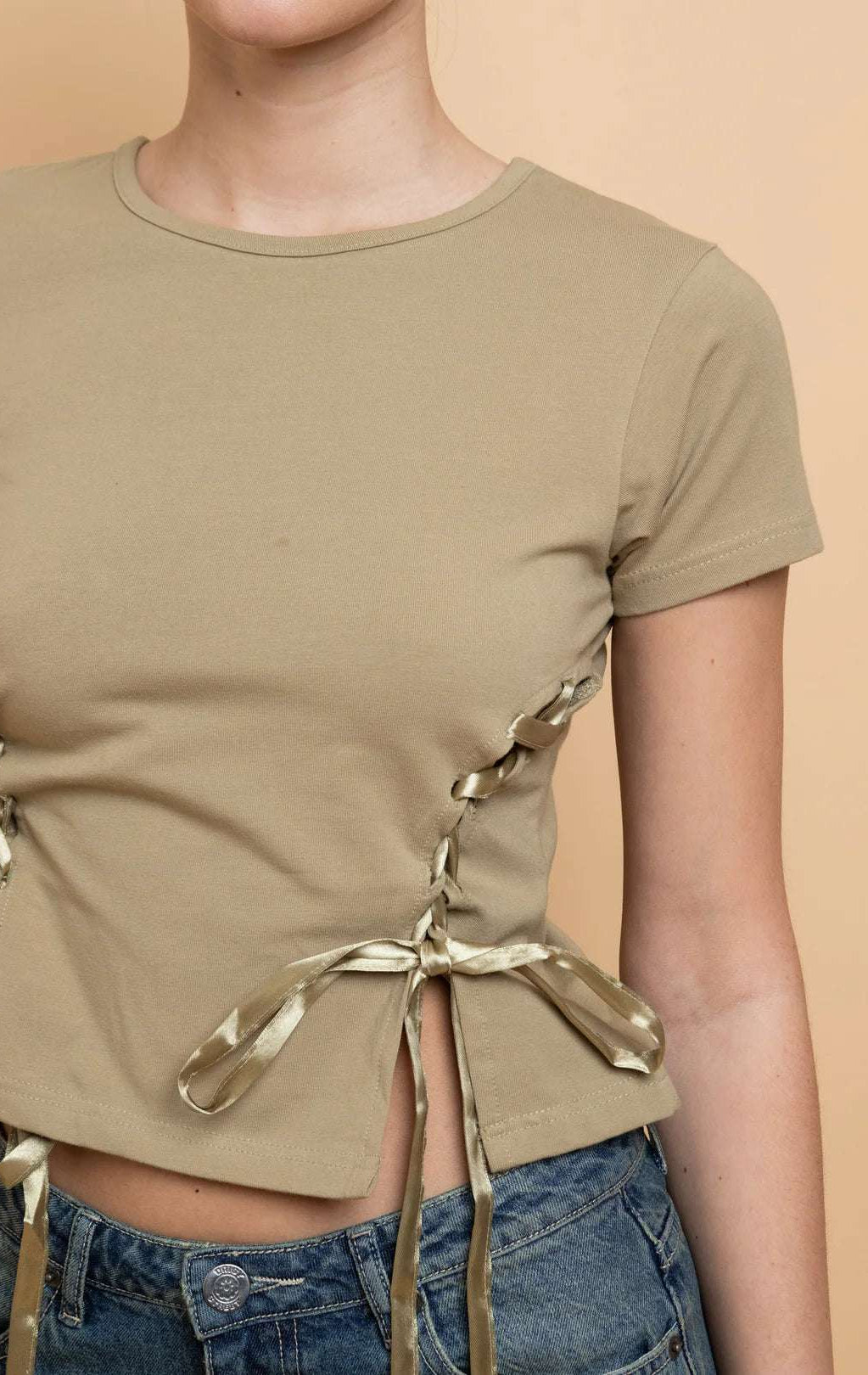 Shop Daisy Street Daisy Street Lace Up Detail Baby Tee T-Shirts for women – premium loungewear and festival fashion at Spoiled Brat