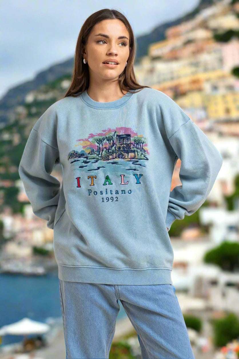 Shop Daisy Street Daisy Street Positano Italy Embroidered Sweater Hoodie for women – premium loungewear and festival fashion at Spoiled Brat