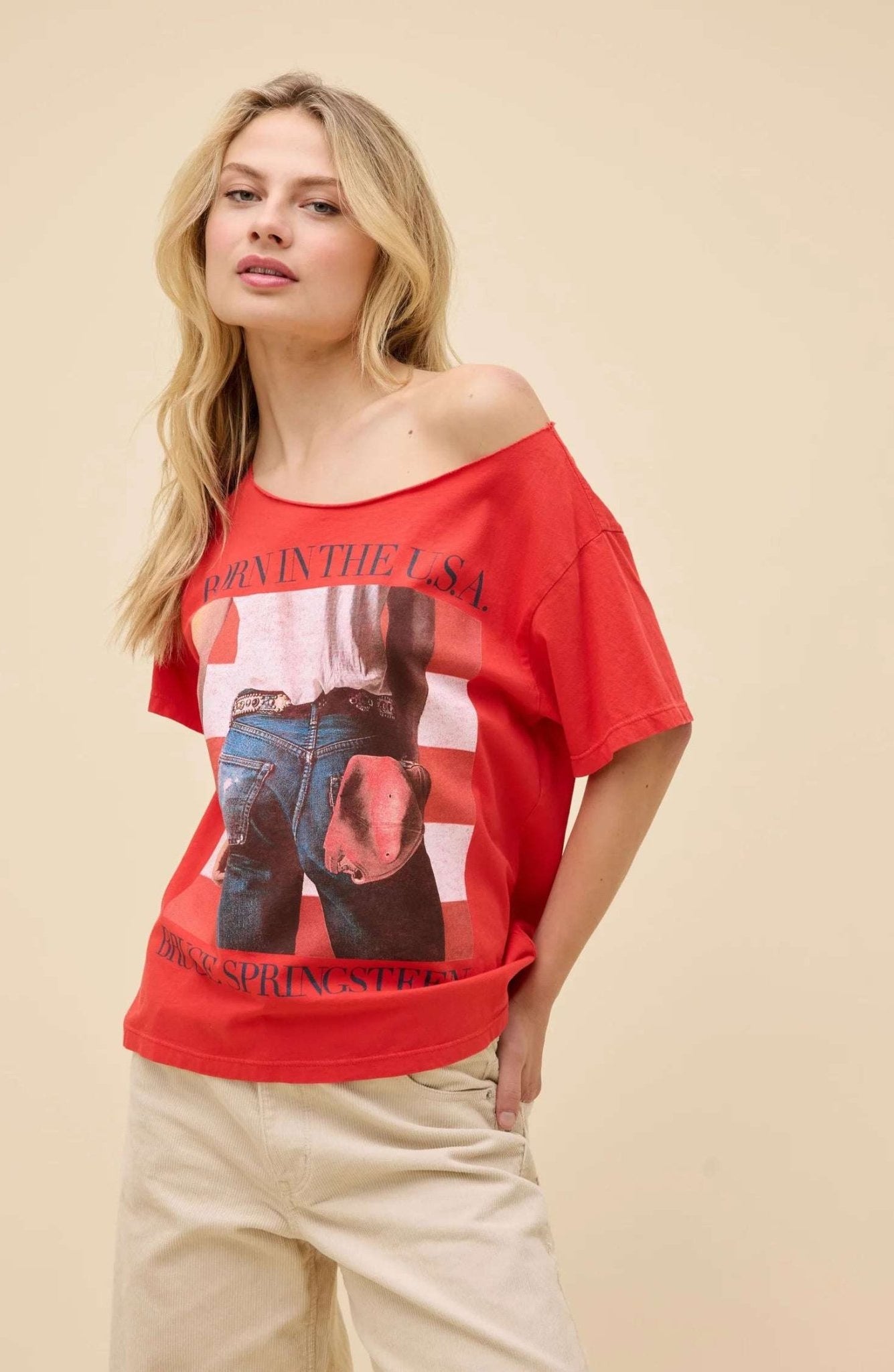 Shop Daydreamer LA Daydreamer LA Bruce Springsteen Americana Off The Shoulder Tee as seen on Taylor Swift T-Shirt for women – premium loungewear and festival fashion at Spoiled Brat