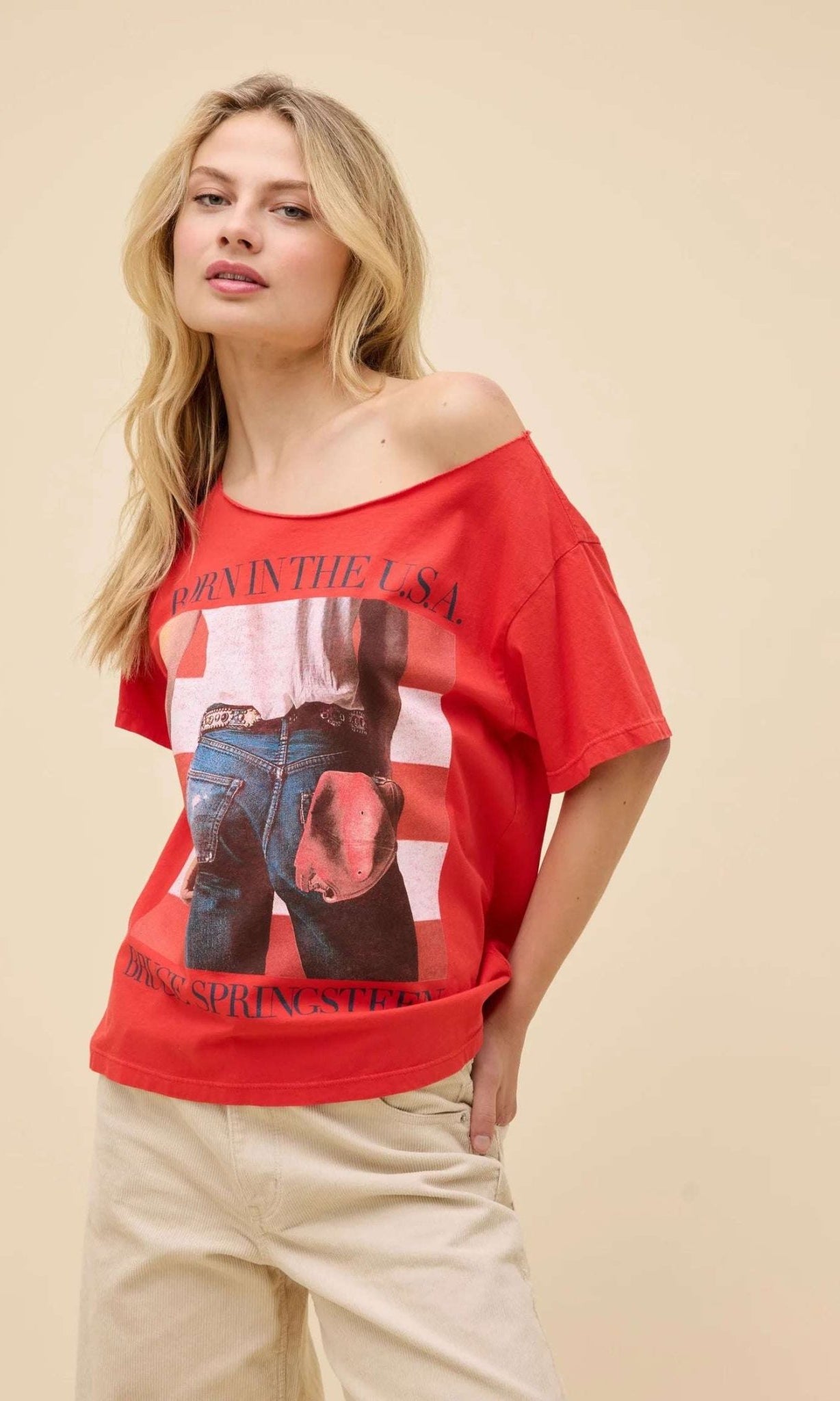 Shop Daydreamer LA Daydreamer LA Bruce Springsteen Americana Off The Shoulder Tee as seen on Taylor Swift T-Shirt for women – premium loungewear and festival fashion at Spoiled Brat