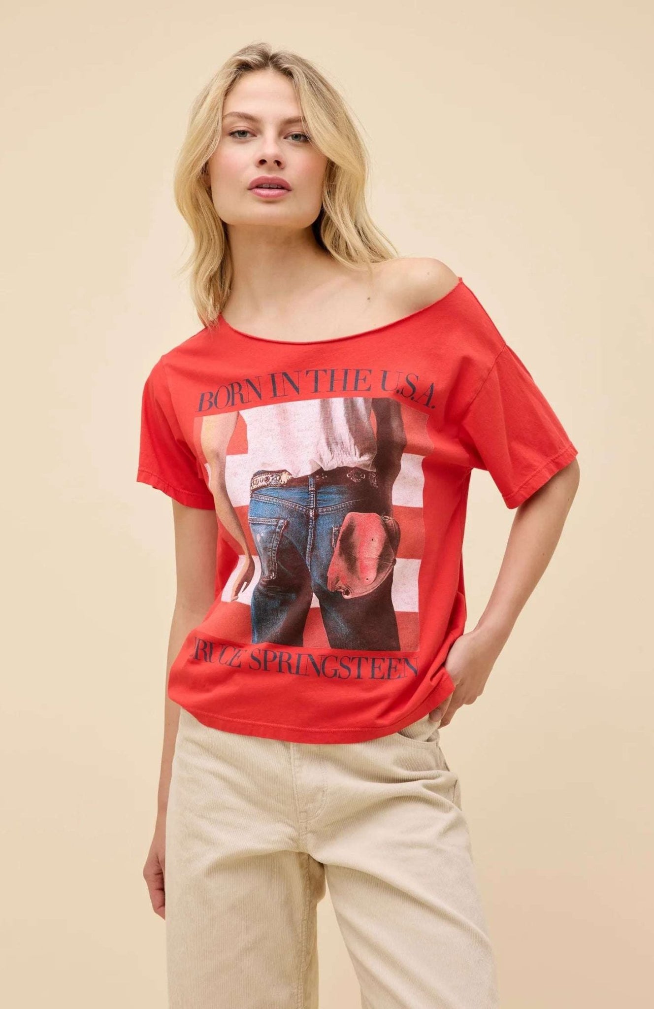 Shop Daydreamer LA Daydreamer LA Bruce Springsteen Americana Off The Shoulder Tee as seen on Taylor Swift T-Shirt for women – premium loungewear and festival fashion at Spoiled Brat