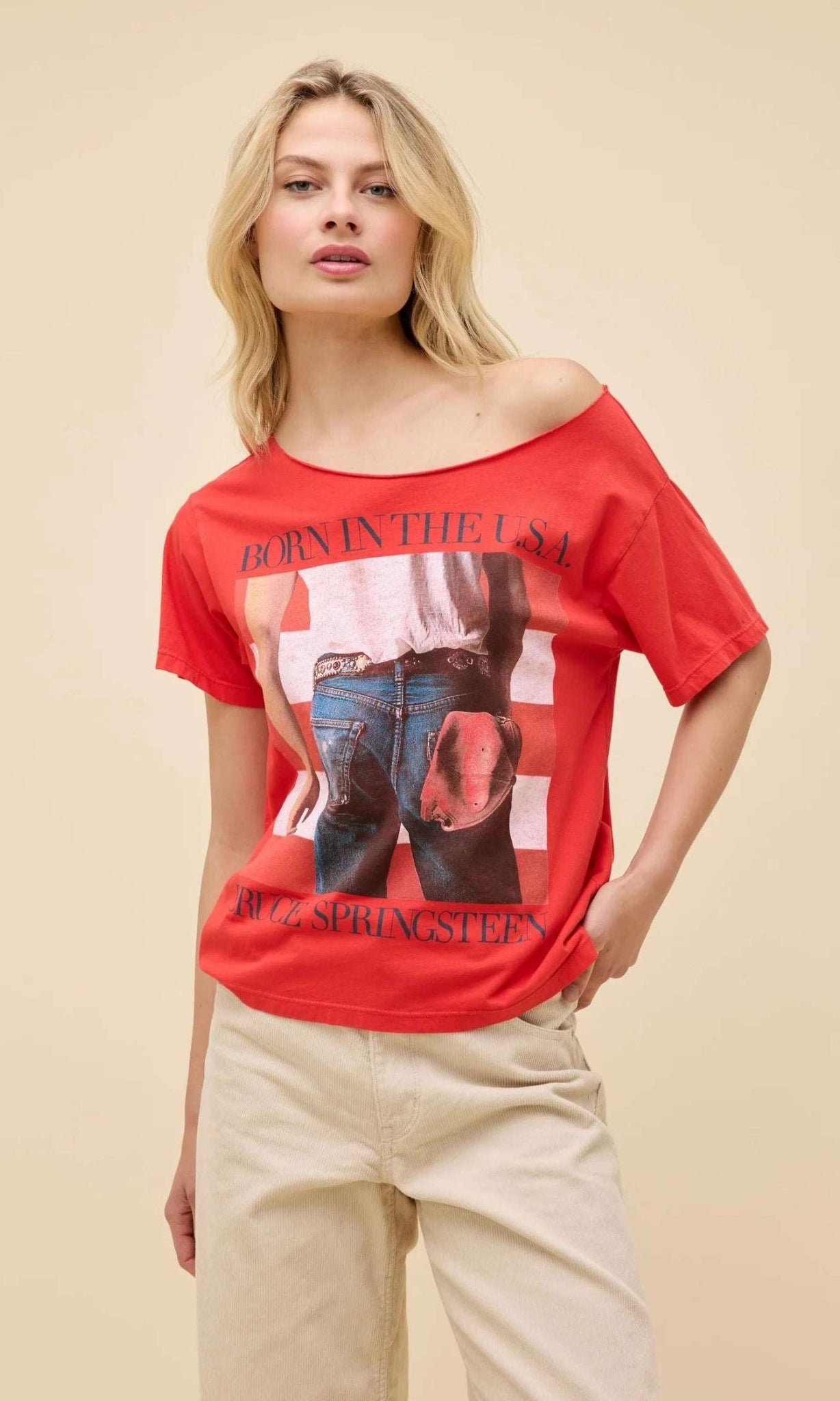 Shop Daydreamer LA Daydreamer LA Bruce Springsteen Americana Off The Shoulder Tee as seen on Taylor Swift T-Shirt for women – premium loungewear and festival fashion at Spoiled Brat