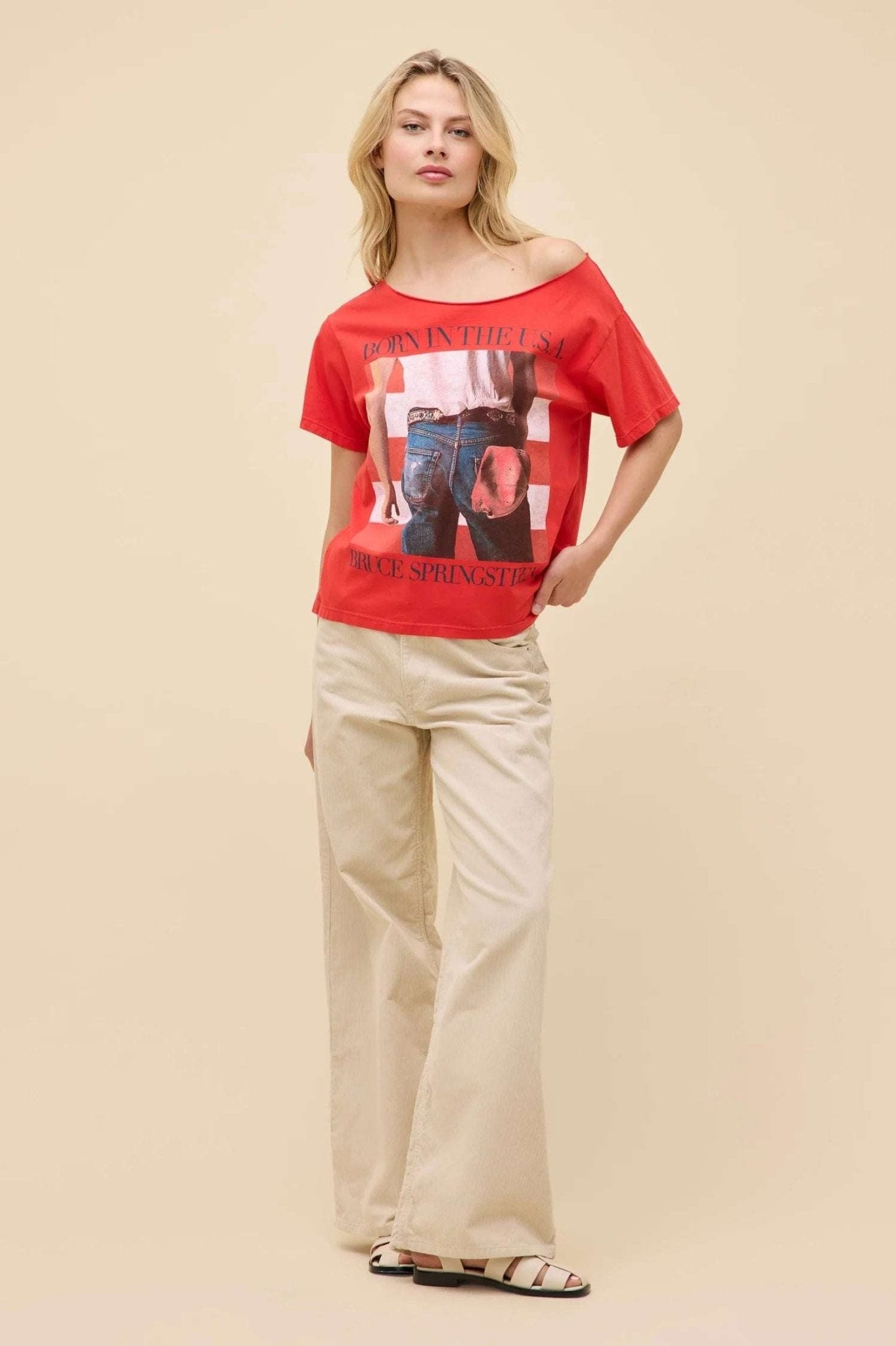 Shop Daydreamer LA Daydreamer LA Bruce Springsteen Americana Off The Shoulder Tee as seen on Taylor Swift T-Shirt for women – premium loungewear and festival fashion at Spoiled Brat