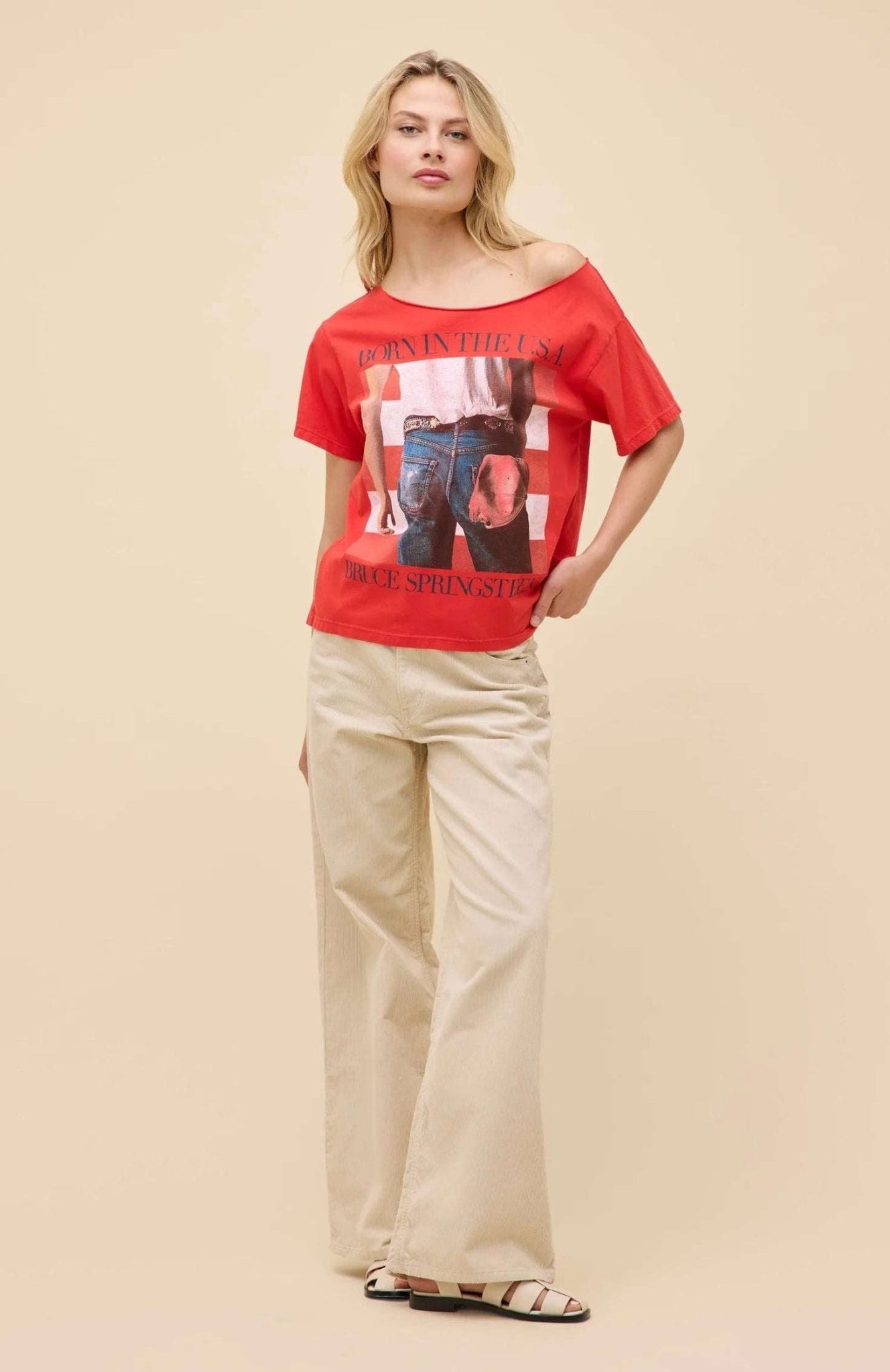 Shop Daydreamer LA Daydreamer LA Bruce Springsteen Americana Off The Shoulder Tee as seen on Taylor Swift T-Shirt for women – premium loungewear and festival fashion at Spoiled Brat