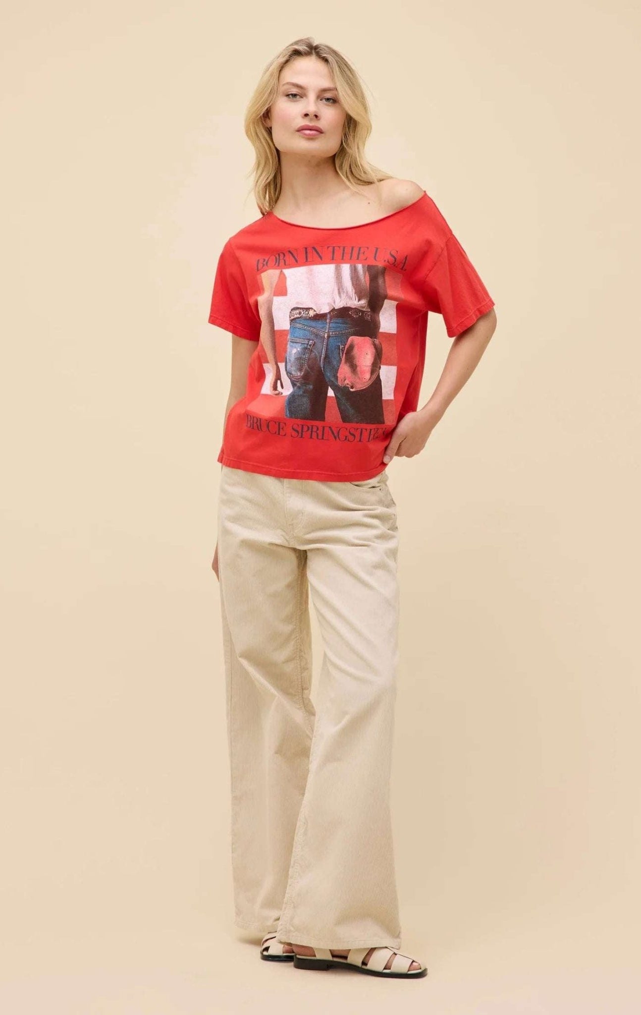 Shop Daydreamer LA Daydreamer LA Bruce Springsteen Americana Off The Shoulder Tee as seen on Taylor Swift T-Shirt for women – premium loungewear and festival fashion at Spoiled Brat