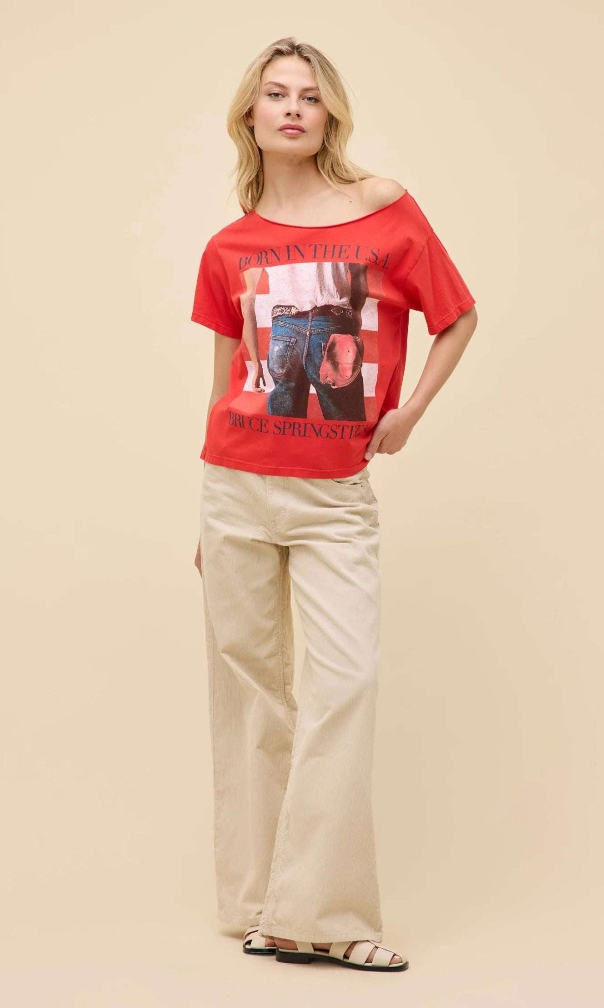 Shop Daydreamer LA Daydreamer LA Bruce Springsteen Americana Off The Shoulder Tee as seen on Taylor Swift T-Shirt for women – premium loungewear and festival fashion at Spoiled Brat