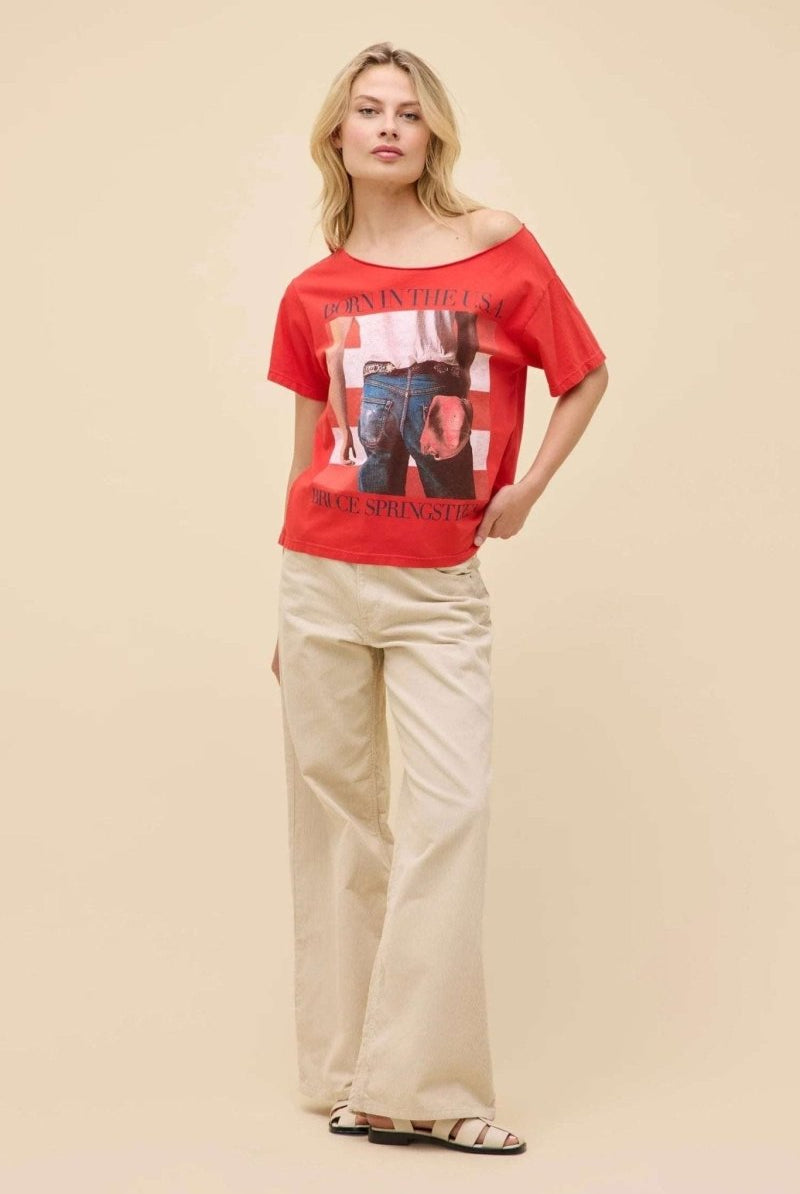 Shop Daydreamer LA Daydreamer LA Bruce Springsteen Americana Off The Shoulder Tee as seen on Taylor Swift T-Shirt for women – premium loungewear and festival fashion at Spoiled Brat