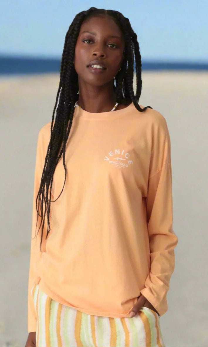 Shop Electric and Rose Electric and Rose Camden Boyfriend Tee - Beach Club Graphic Long Sleeved Top for women – premium loungewear and festival fashion at Spoiled Brat