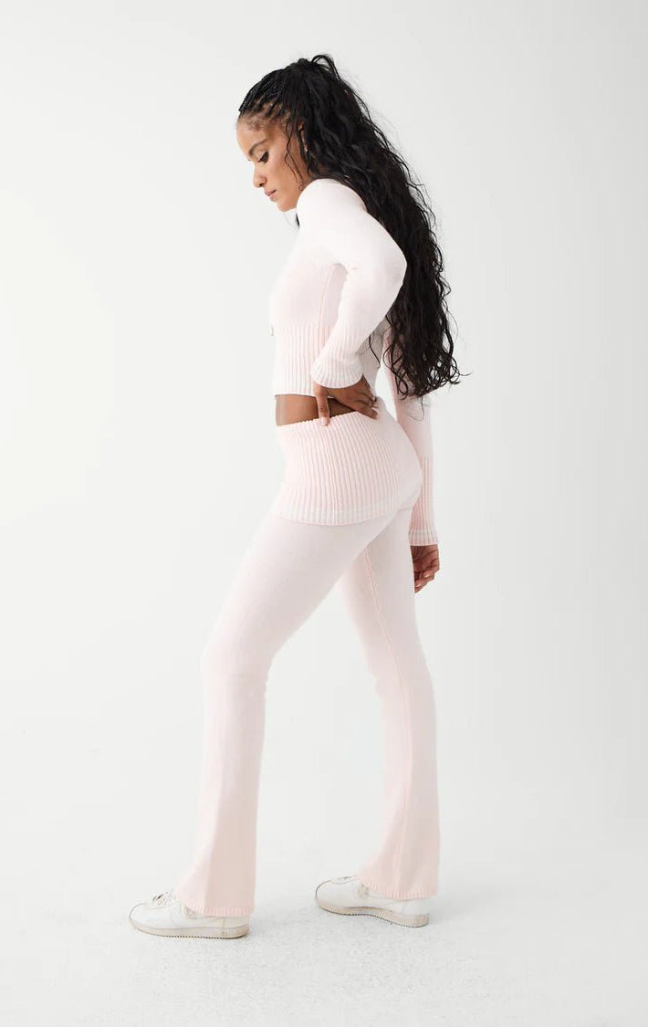 Shop Frankies Bikinis Frankies Bikinis Aimee Cloud Knit Flare Pant in Rosebud Pink Trousers for women – premium loungewear and festival fashion at Spoiled Brat