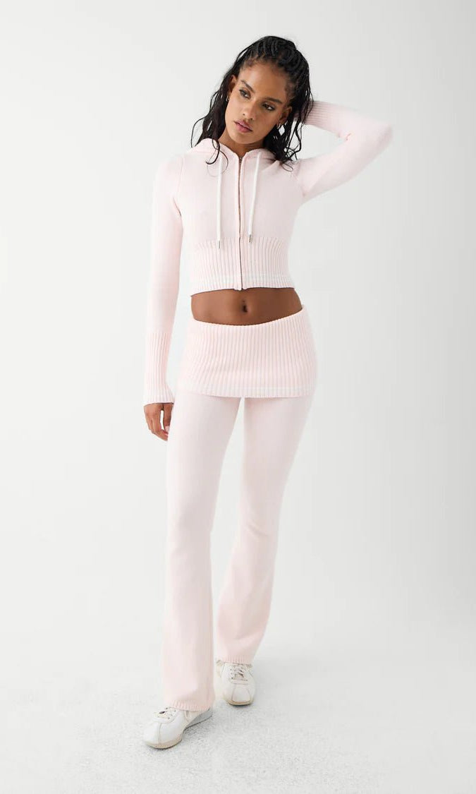 Shop Frankies Bikinis Frankies Bikinis Aimee Cloud Knit Flare Pant in Rosebud Pink Trousers for women – premium loungewear and festival fashion at Spoiled Brat