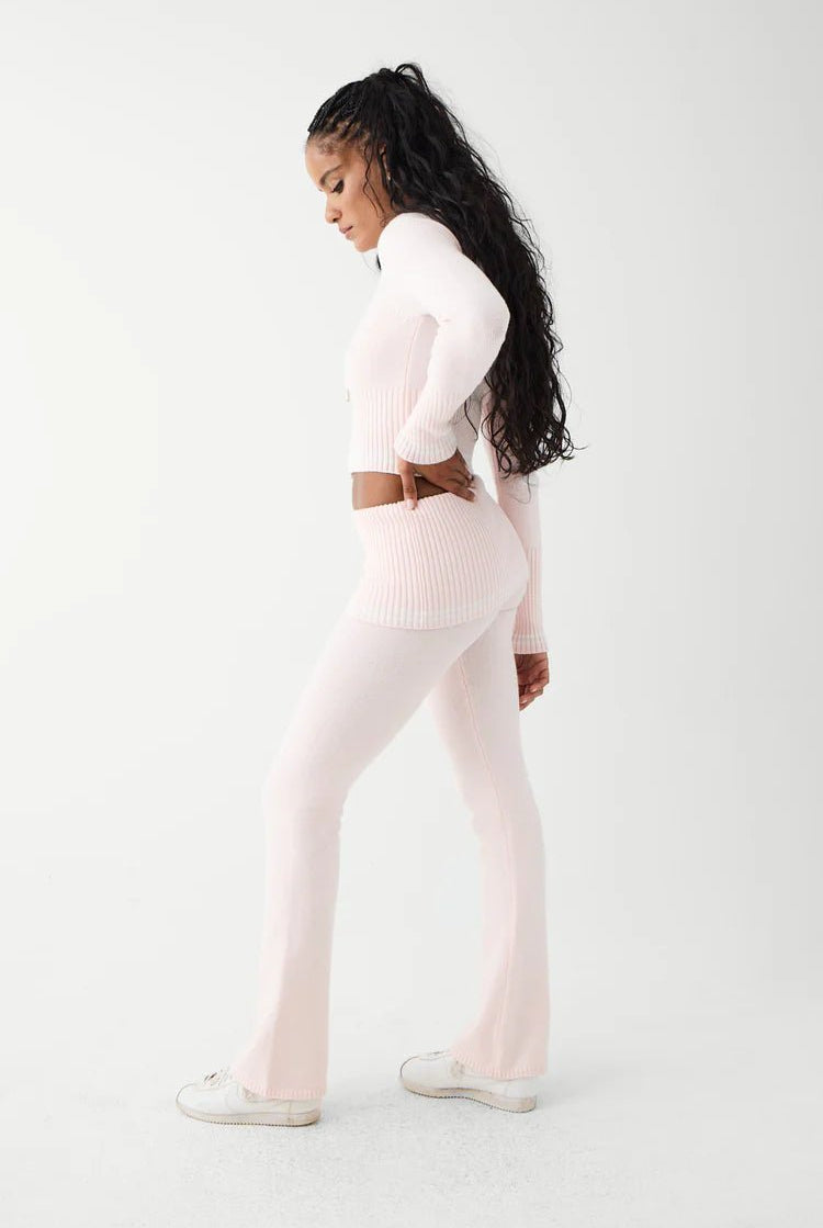 Shop Frankies Bikinis Frankies Bikinis Aimee Cloud Knit Flare Pant in Rosebud Pink Trousers for women – premium loungewear and festival fashion at Spoiled Brat
