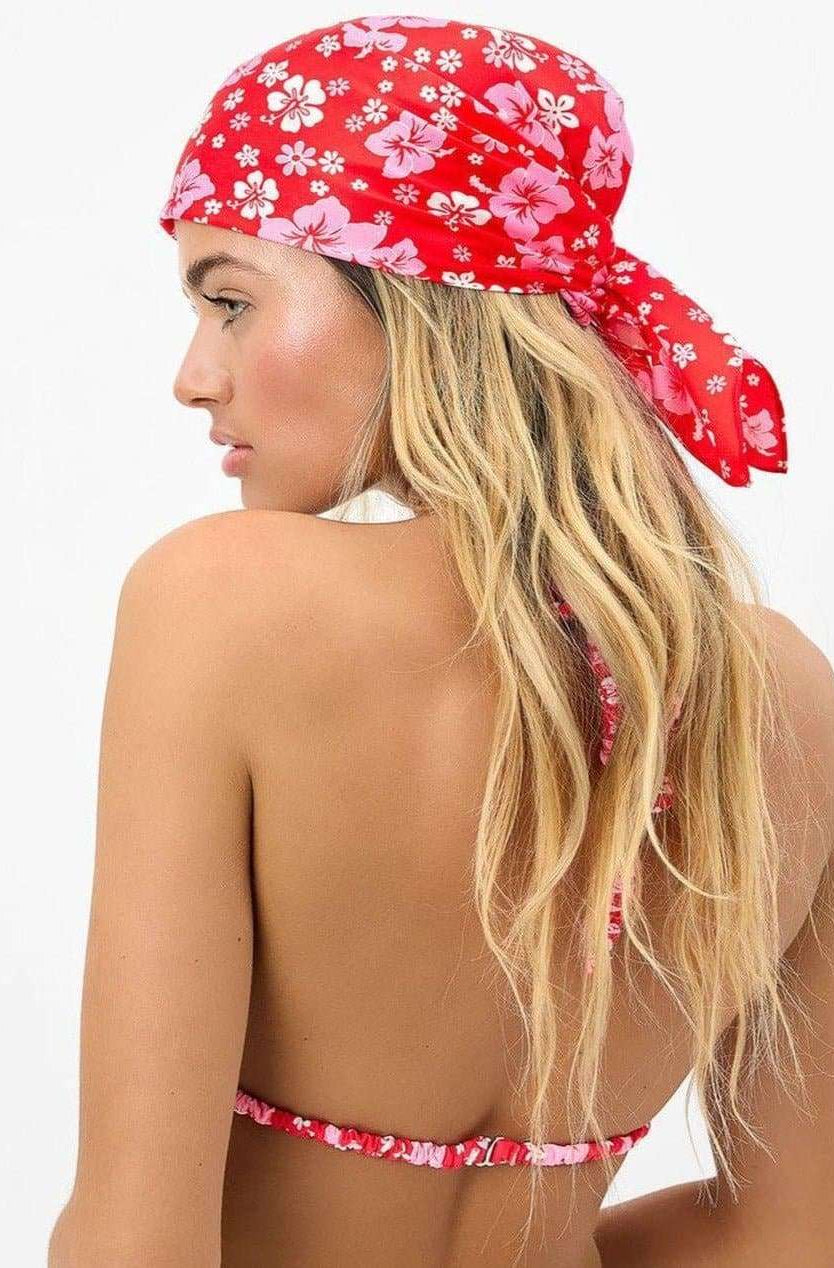 Frankies Bikinis Heidi Satin Floral Head Scarf in Coconut Girl Print Scarf by Frankies Bikinis as seen on celebrities