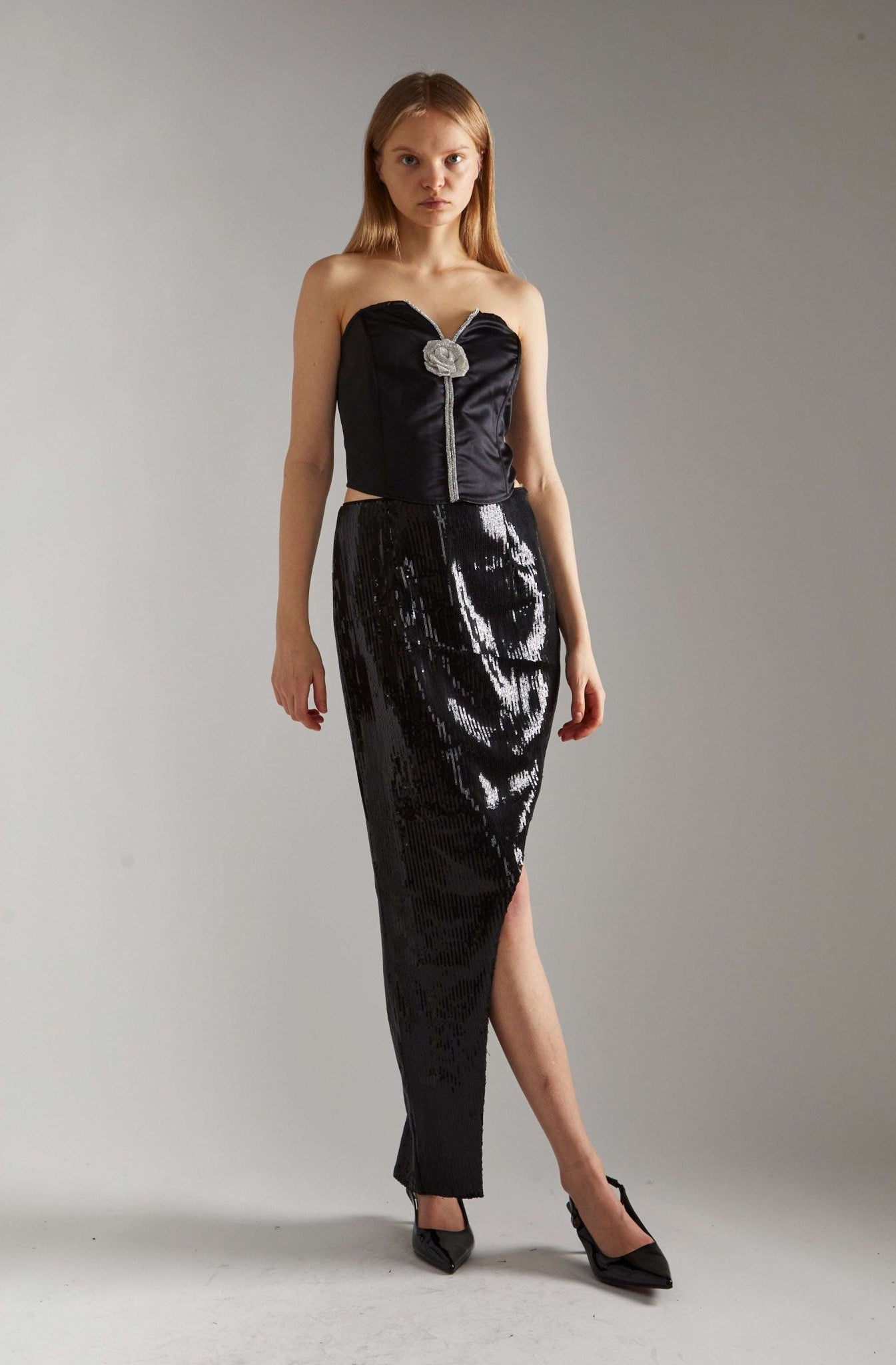 Glamorous Black - Satin Rhinestone - Flower Strapless Top - Spoiled Brat