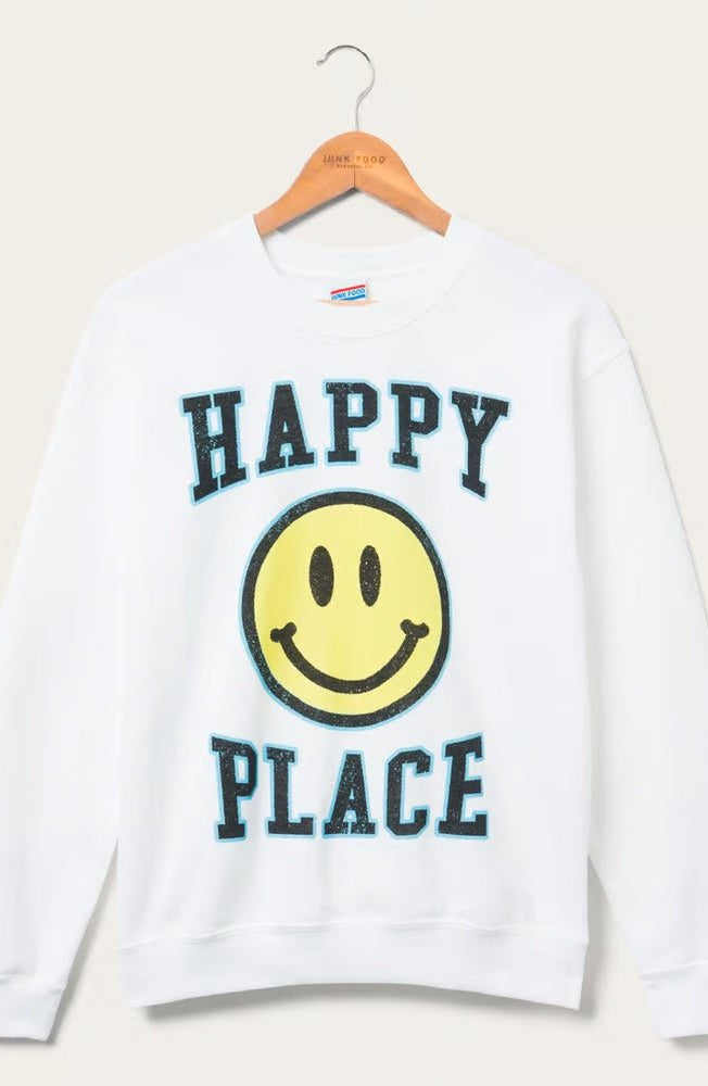 Shop Junk Food Junk Food Womens Happy Place Flea Market Fleece Sweater T-Shirt for women – premium loungewear and festival fashion at Spoiled Brat