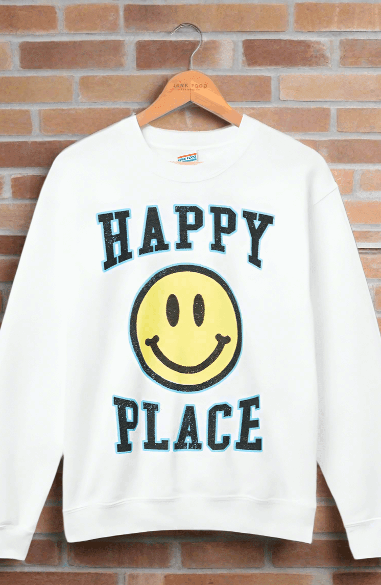 Shop Junk Food Junk Food Womens Happy Place Flea Market Fleece Sweater T-Shirt for women – premium loungewear and festival fashion at Spoiled Brat