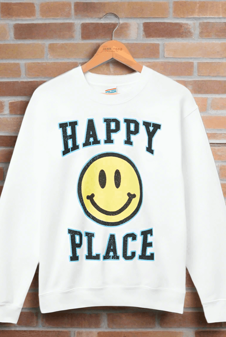Shop Junk Food Junk Food Womens Happy Place Flea Market Fleece Sweater T-Shirt for women – premium loungewear and festival fashion at Spoiled Brat