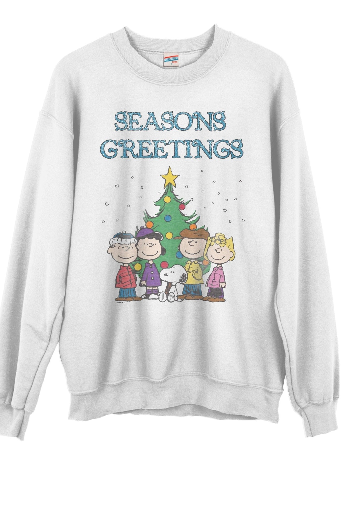 Shop Junk Food JUNKFOOD Peanuts Seasons Greetings Christmas Jumper Jumper for women – premium loungewear and festival fashion at Spoiled Brat