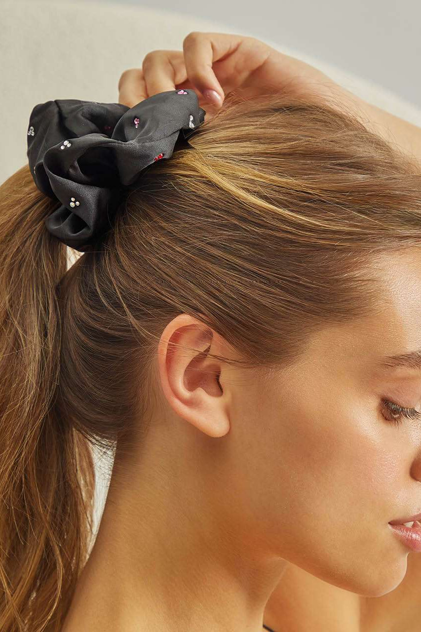 Shop Kitsch Kitsch & Mickey and Minnie Recycled Black Fabric Rhinestone Scrunchie Hair Band for women – premium loungewear and festival fashion at Spoiled Brat
