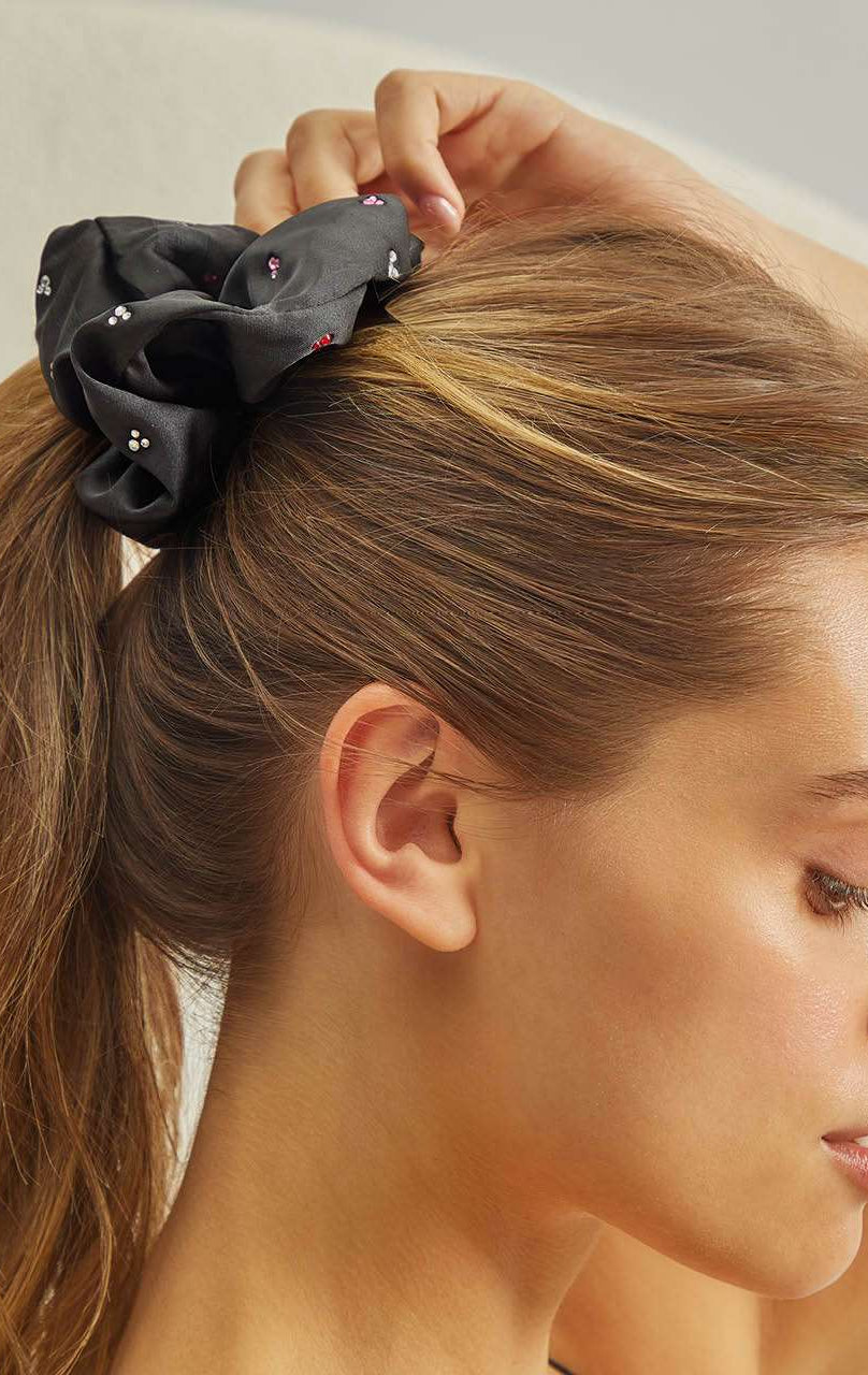 Shop Kitsch Kitsch & Mickey and Minnie Recycled Black Fabric Rhinestone Scrunchie Hair Band for women – premium loungewear and festival fashion at Spoiled Brat