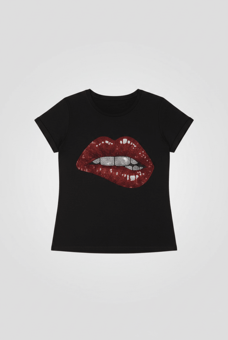 Shop Lauren Moshi Lauren Moshi Edda Crystal Biting Lip T-Shirt T-Shirt for women – premium loungewear and festival fashion at Spoiled Brat