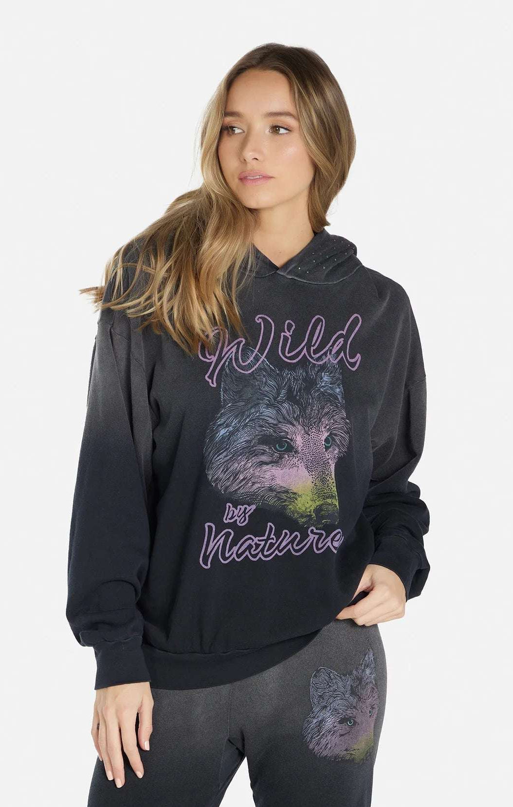 Shop Lauren Moshi Lauren Moshi Harmony Wild Wolf Hooded Sweatshirt Sweater for women – premium loungewear and festival fashion at Spoiled Brat