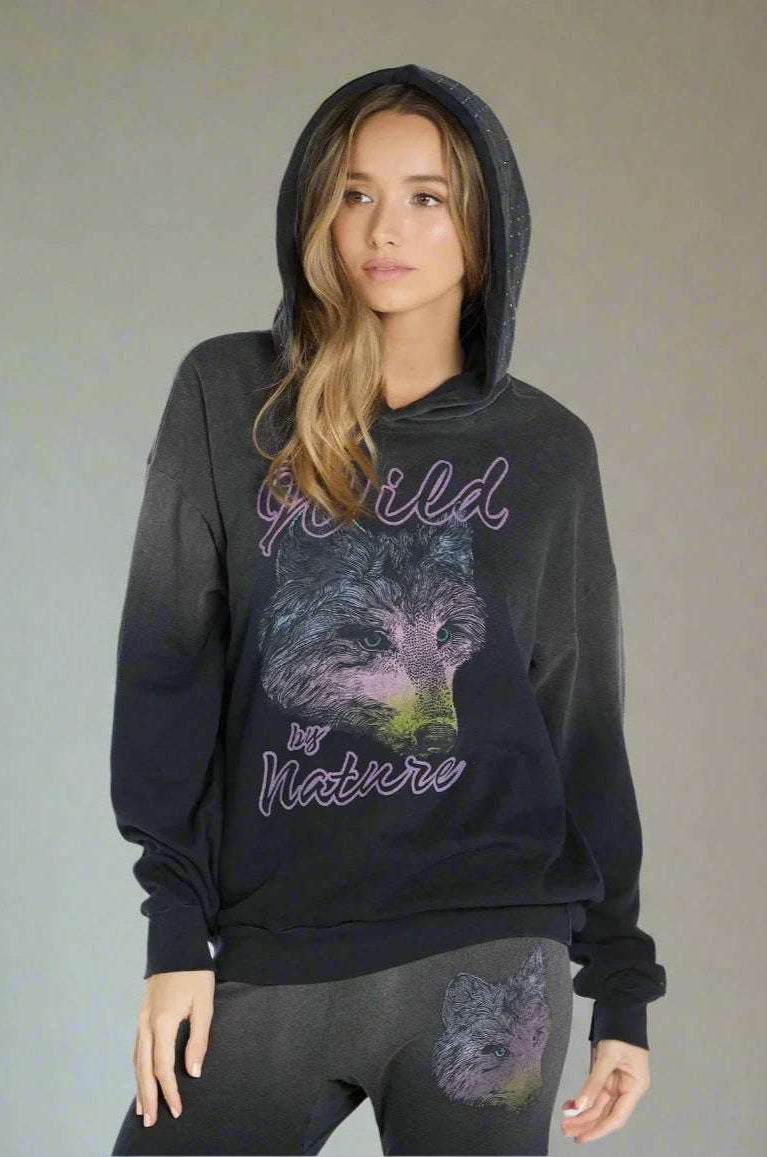 Shop Lauren Moshi Lauren Moshi Harmony Wild Wolf Hooded Sweatshirt Sweater for women – premium loungewear and festival fashion at Spoiled Brat