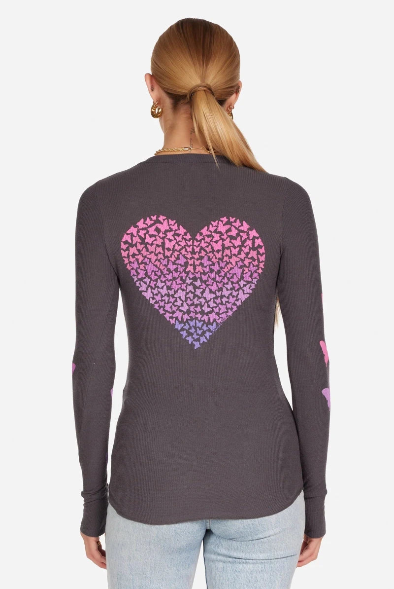 Shop Lauren Moshi Lauren Moshi McKinley Grey Ombre Butterfly Heart Top Long Sleeved Top for women – premium loungewear and festival fashion at Spoiled Brat