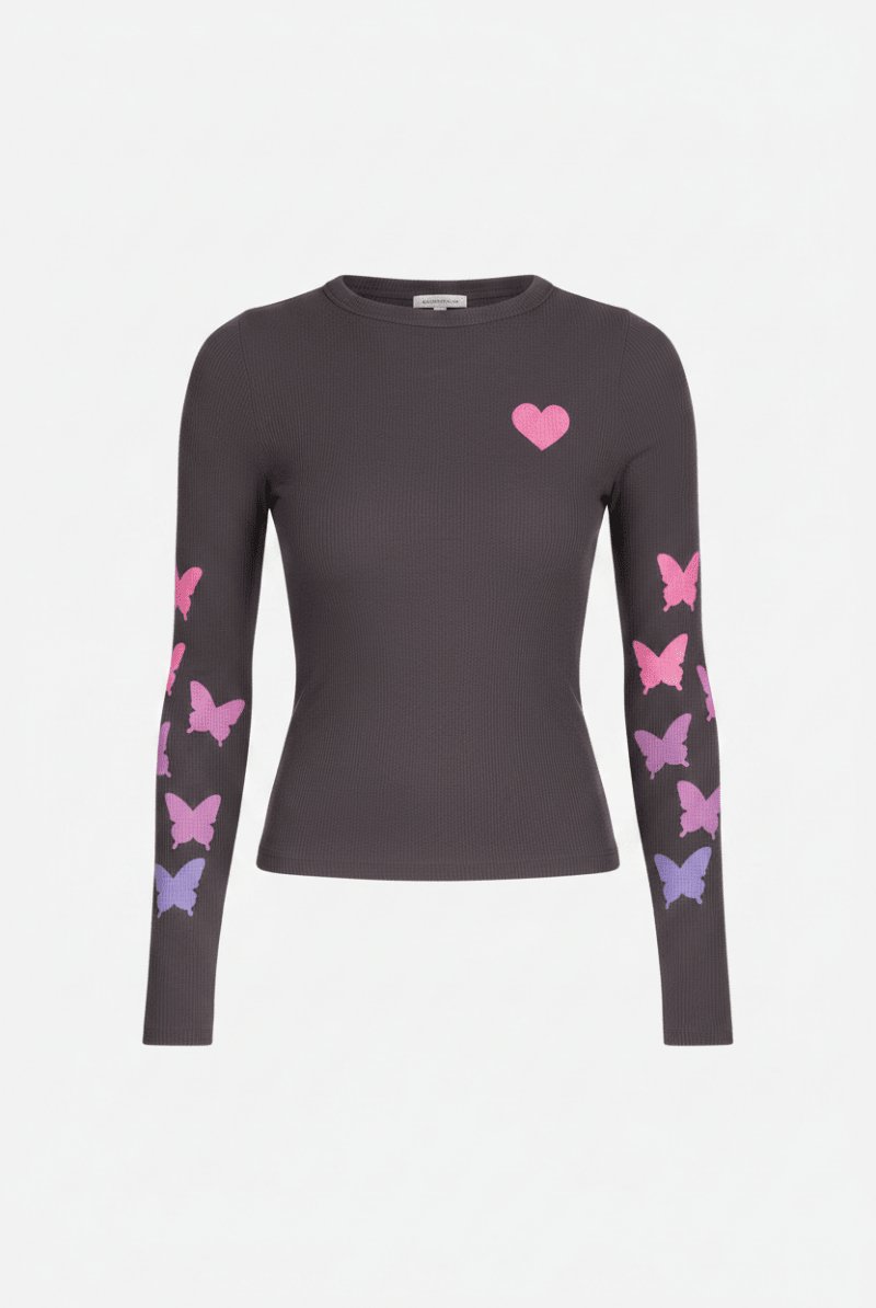 Shop Lauren Moshi Lauren Moshi McKinley Grey Ombre Butterfly Heart Top Long Sleeved Top for women – premium loungewear and festival fashion at Spoiled Brat