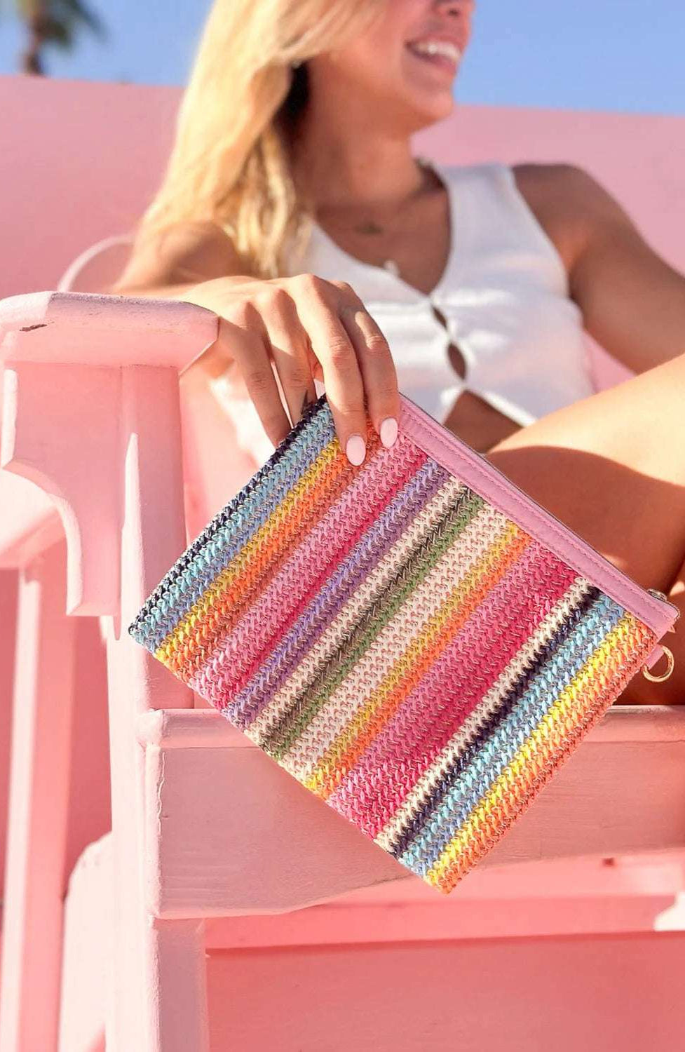 Shop Packed Party Packed Party Bring On The Fun Luxe Woven Rainbow Everything Pouch Bag Clutch Bag for women – premium loungewear and festival fashion at Spoiled Brat