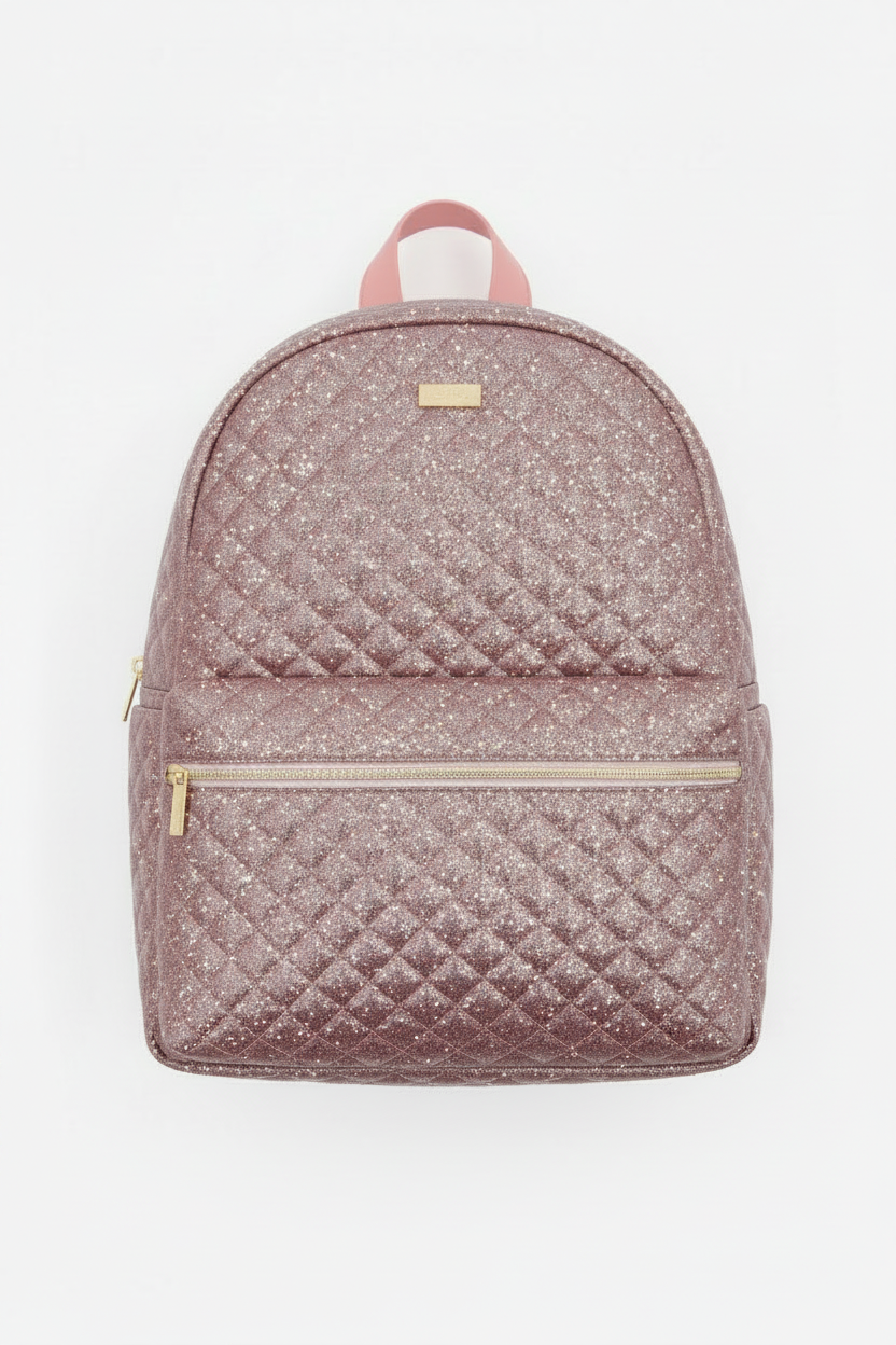 Quilted pink backpack on a white background