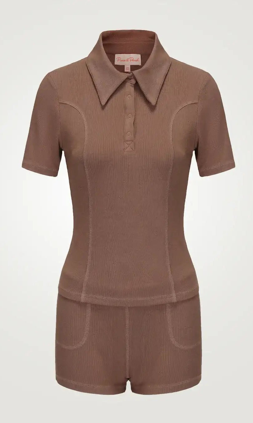 Shop Pixie and Peach Pixie & Peach Peggy Rib Polo Top T-Shirt for women – premium loungewear and festival fashion at Spoiled Brat