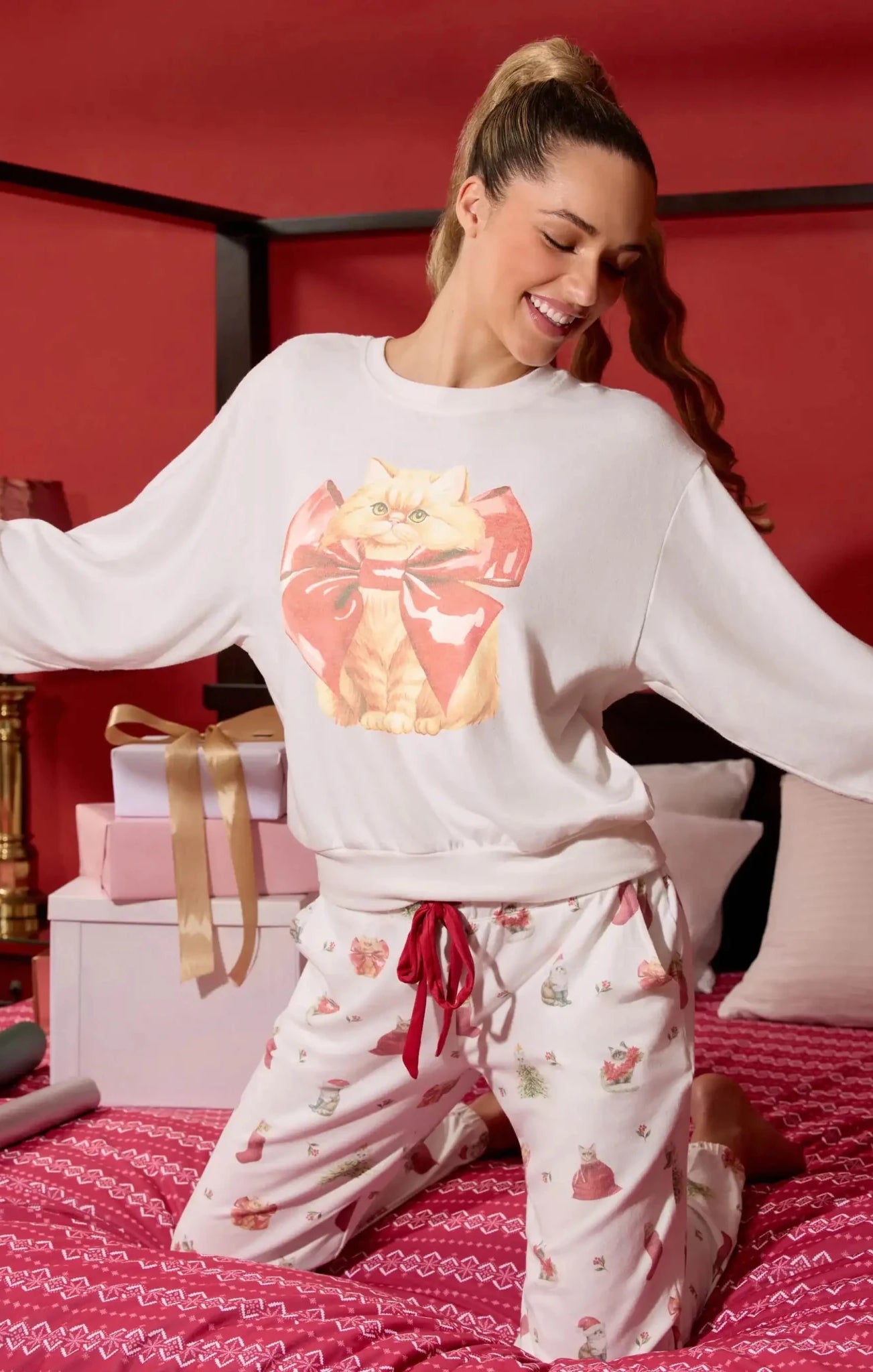 PJ Salvage Feline Festive Cat Print Sweater as seen on Chloe Sims - Spoiled Brat