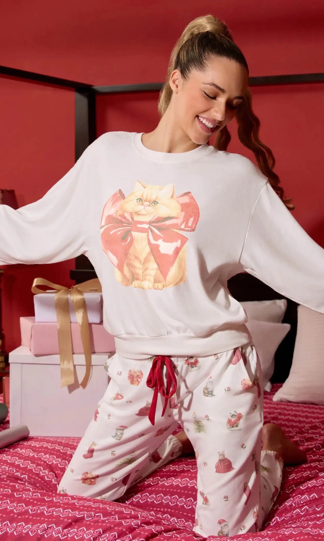 PJ Salvage Feline Festive Cat Print Sweater as seen on Chloe Sims - Spoiled Brat