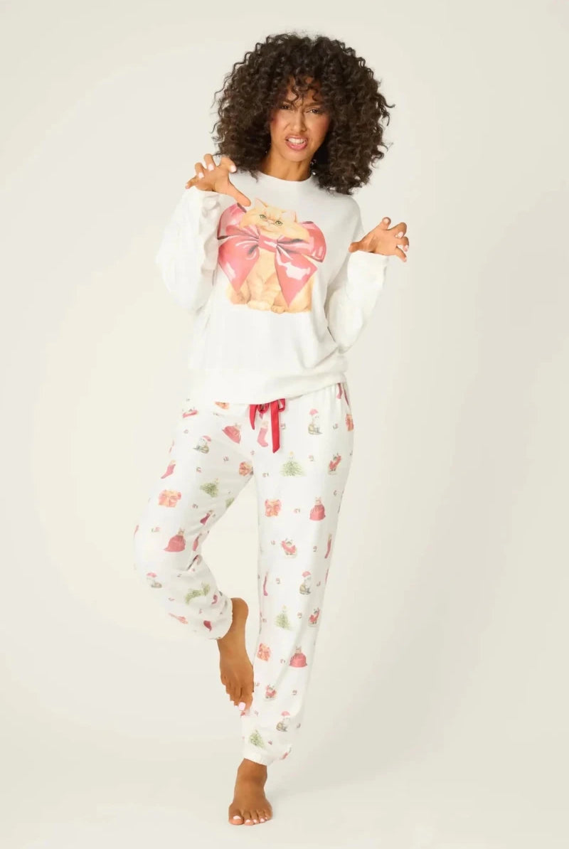 Shop PJ Salvage PJ Salvage Feline Festive Cat Print Sweater as seen on Chloe Sims Sweater for women – premium loungewear and festival fashion at Spoiled Brat