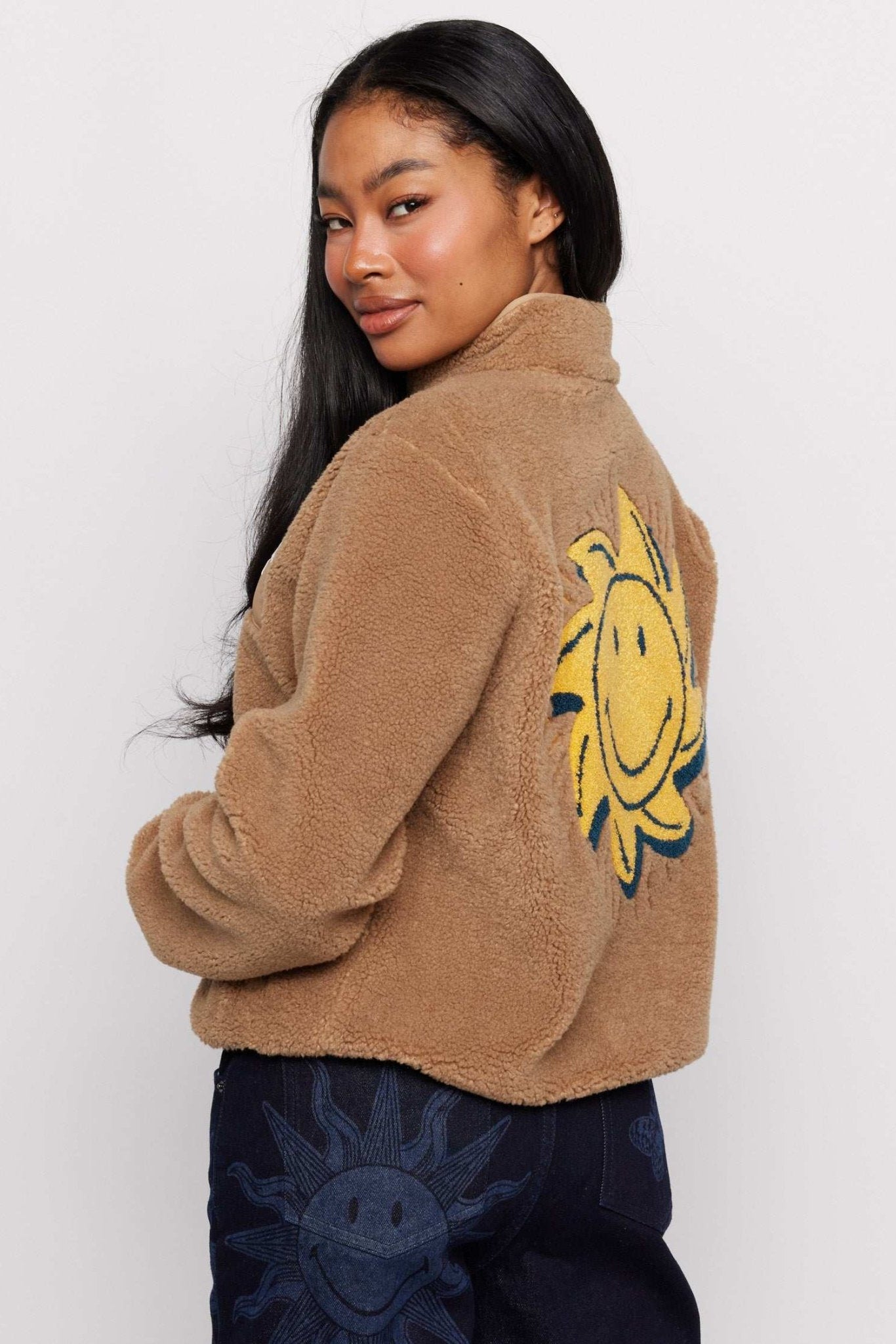 Shop Samii Ryan Samii Ryan Smiley® Sunshine Sherpa Jacket as seen on Sarah Jayne Dunn Jacket for women – premium loungewear and festival fashion at Spoiled Brat