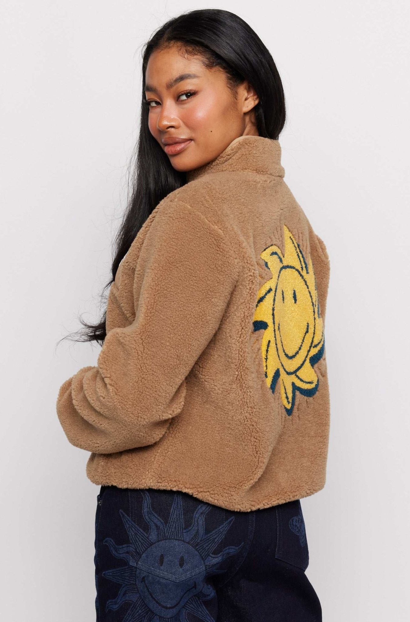 Shop Samii Ryan Samii Ryan Smiley® Sunshine Sherpa Jacket as seen on Sarah Jayne Dunn Jacket for women – premium loungewear and festival fashion at Spoiled Brat