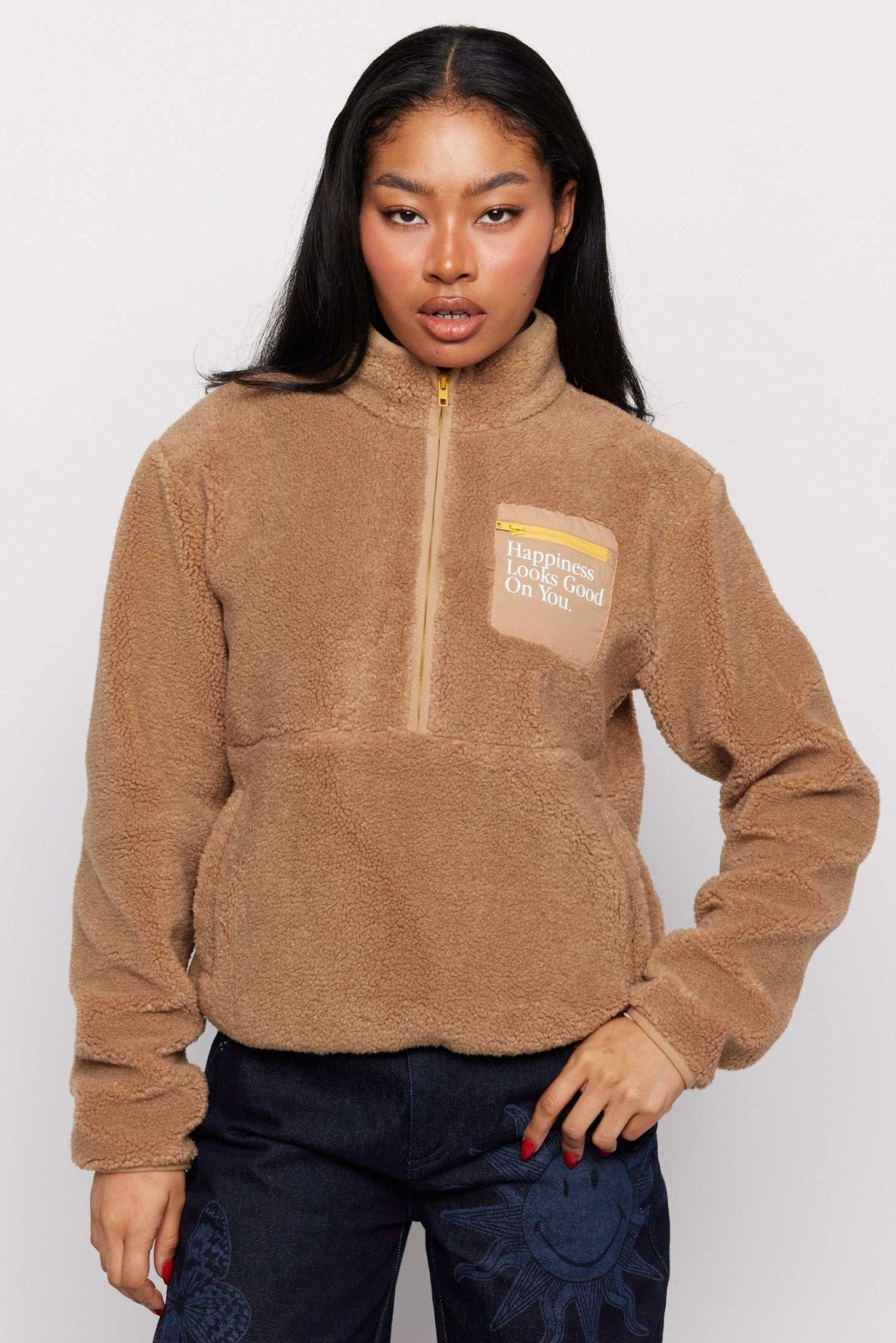 Shop Samii Ryan Samii Ryan Smiley® Sunshine Sherpa Jacket as seen on Sarah Jayne Dunn Jacket for women – premium loungewear and festival fashion at Spoiled Brat